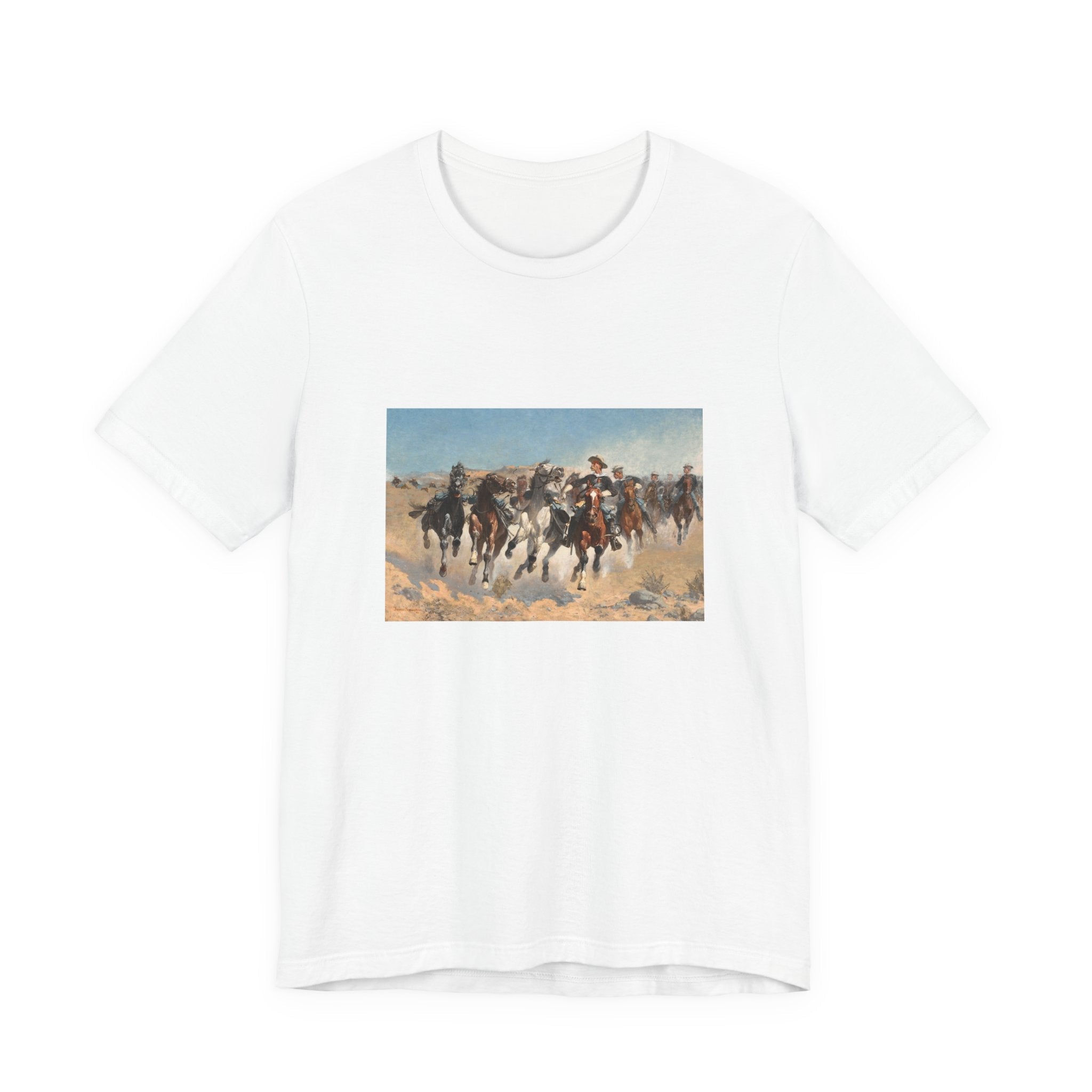 Masters of Art Frederic Remington Dismounted: The Fourth Troopers Moving the Led Horses Unisex Jersey Short Sleeve T-Shirt - POPvault