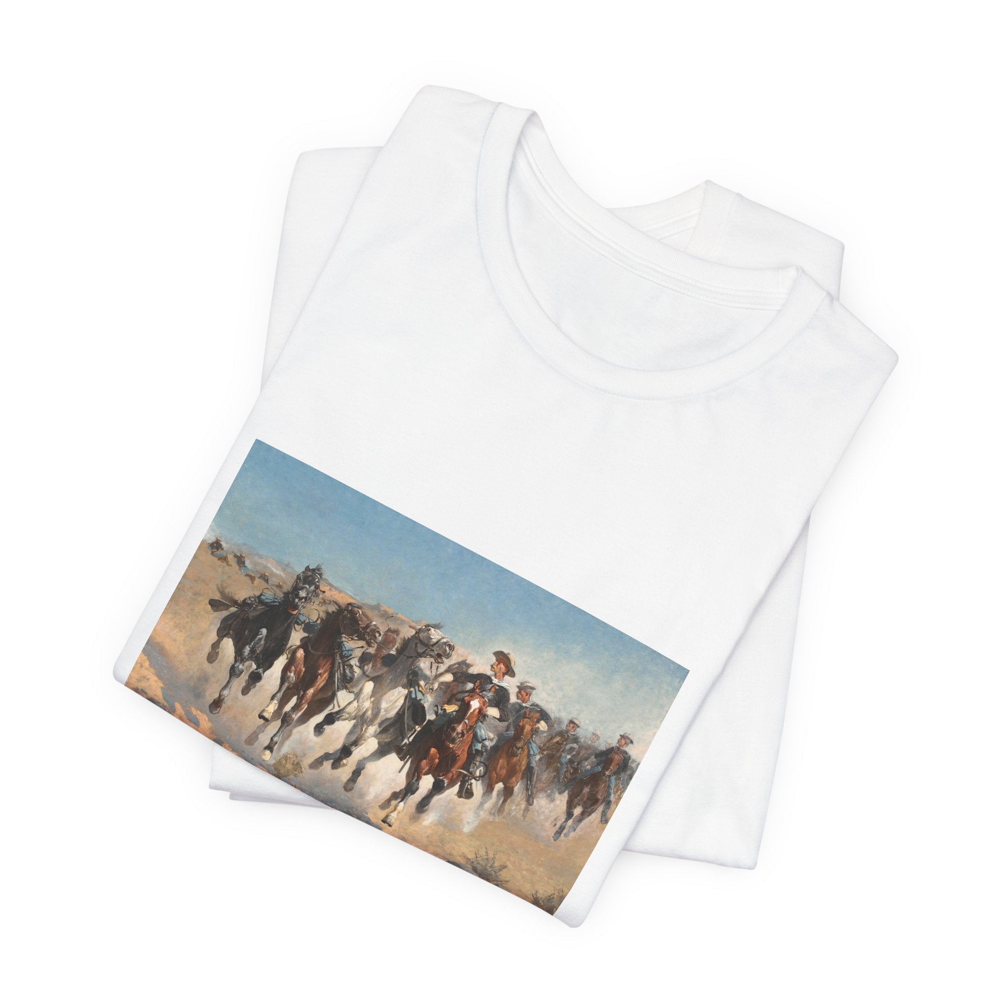 Masters of Art Frederic Remington Dismounted: The Fourth Troopers Moving the Led Horses Unisex Jersey Short Sleeve T-Shirt - POPvault