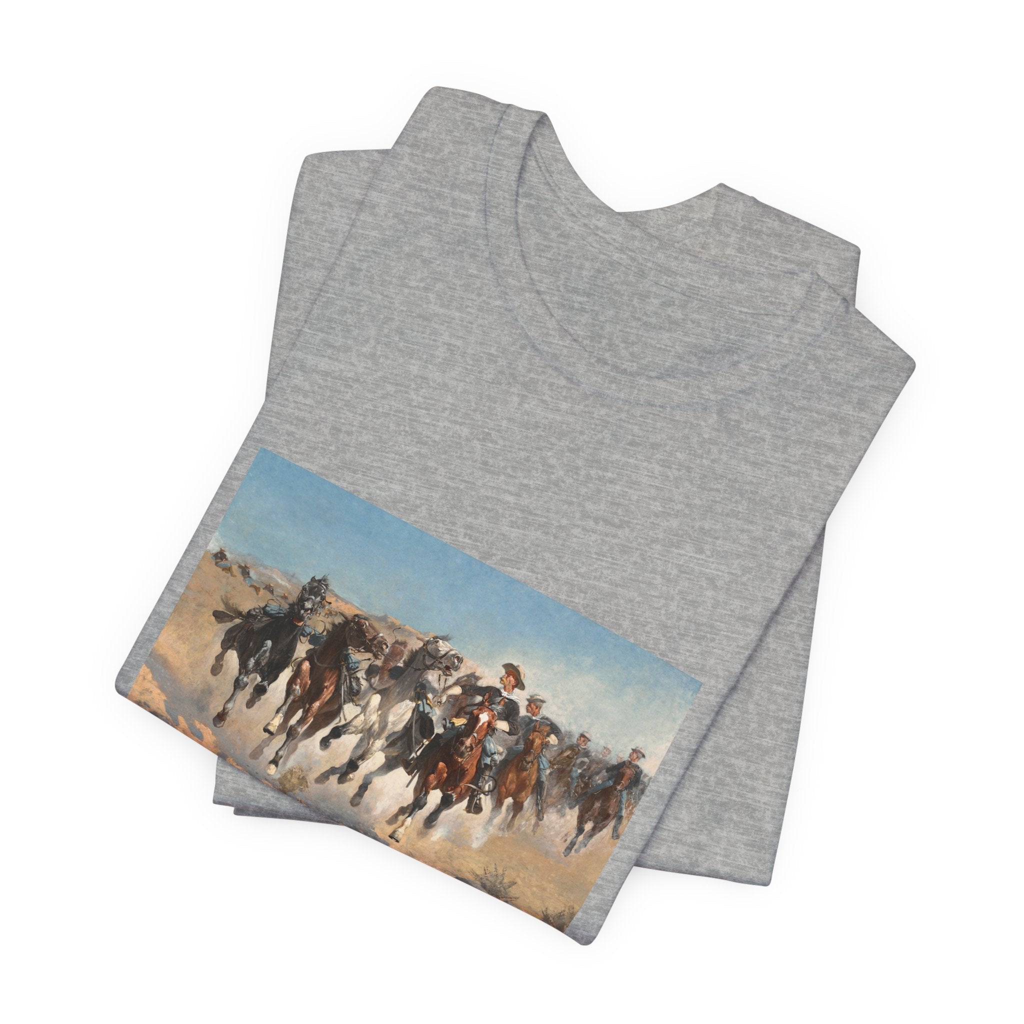 Masters of Art Frederic Remington Dismounted: The Fourth Troopers Moving the Led Horses Unisex Jersey Short Sleeve T-Shirt - POPvault