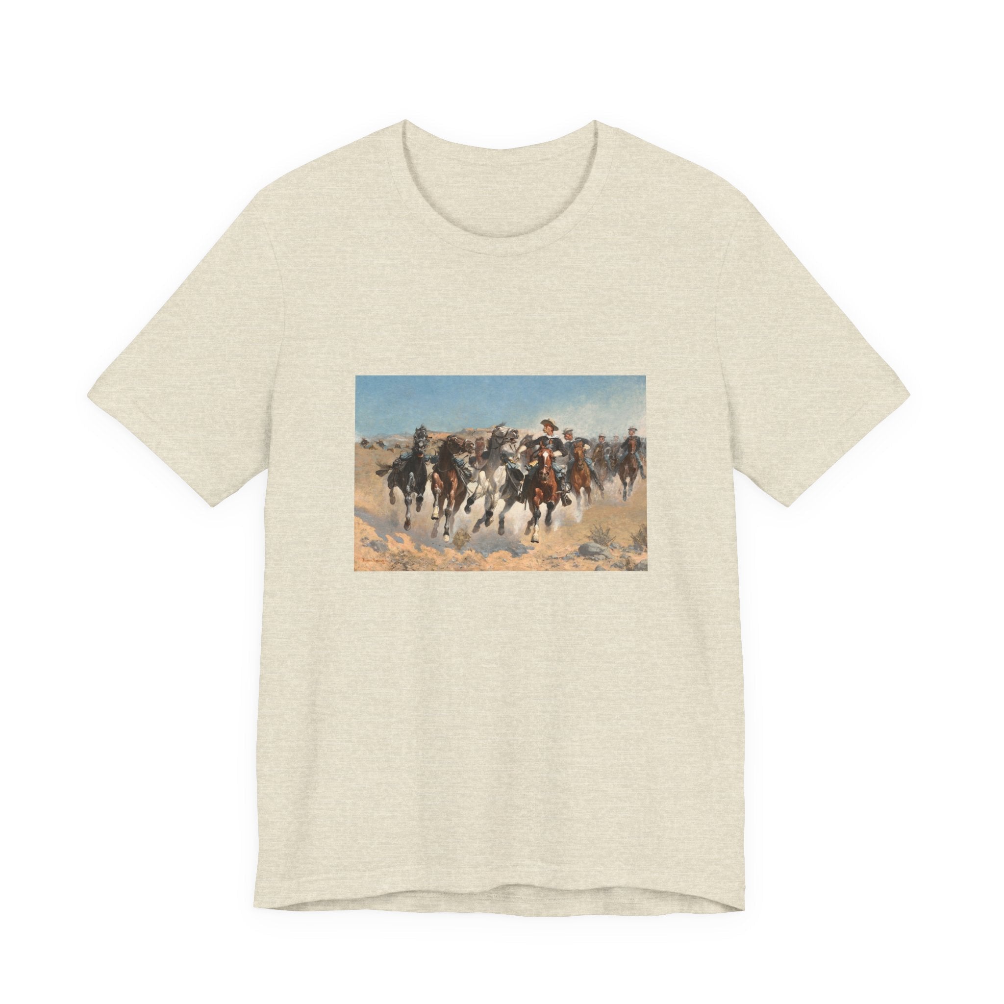 Masters of Art Frederic Remington Dismounted: The Fourth Troopers Moving the Led Horses Unisex Jersey Short Sleeve T-Shirt - POPvault