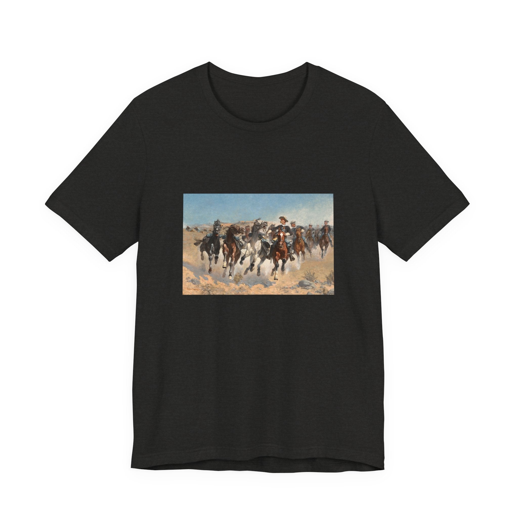 Masters of Art Frederic Remington Dismounted: The Fourth Troopers Moving the Led Horses Unisex Jersey Short Sleeve T-Shirt - POPvault
