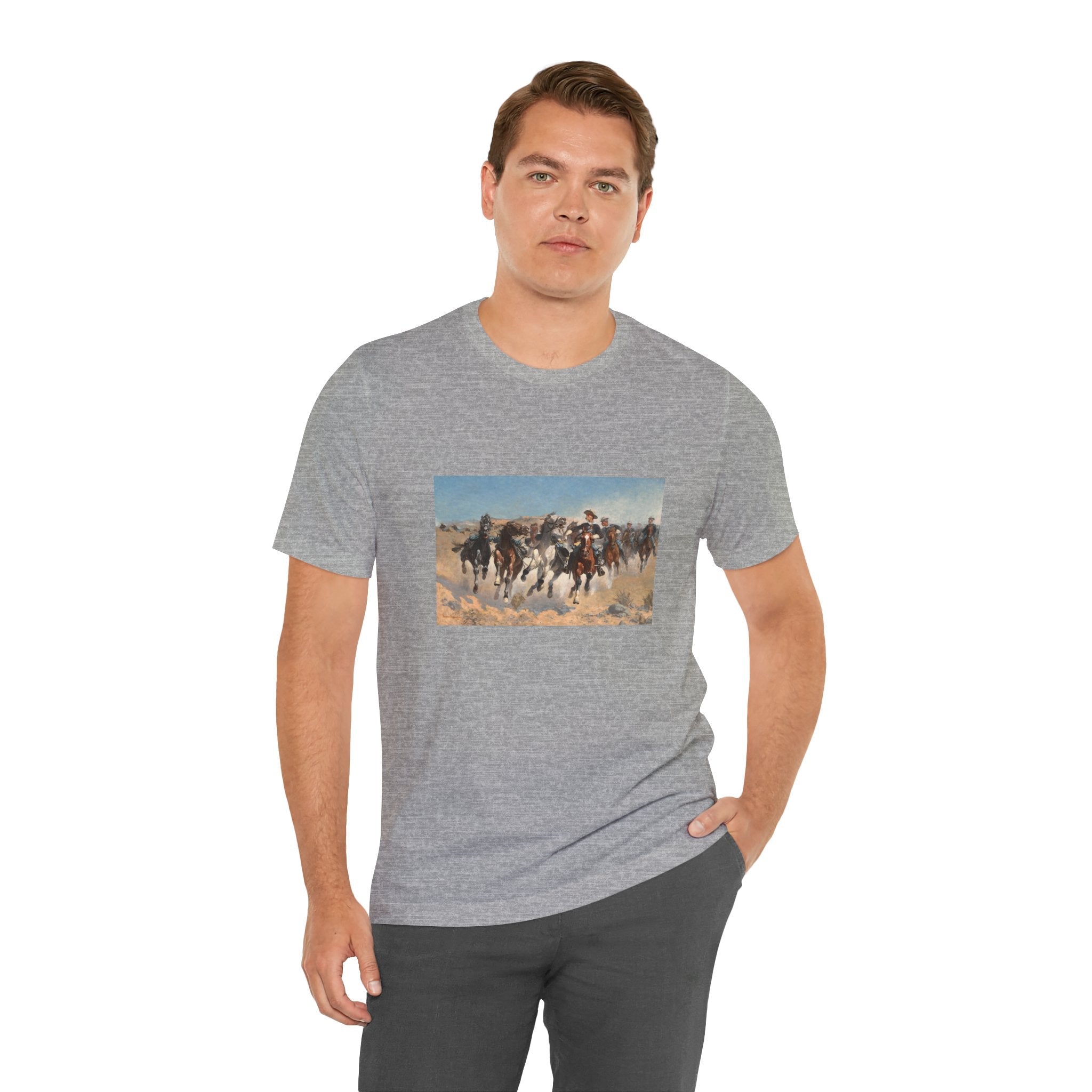 Masters of Art Frederic Remington Dismounted: The Fourth Troopers Moving the Led Horses Unisex Jersey Short Sleeve T-Shirt - POPvault