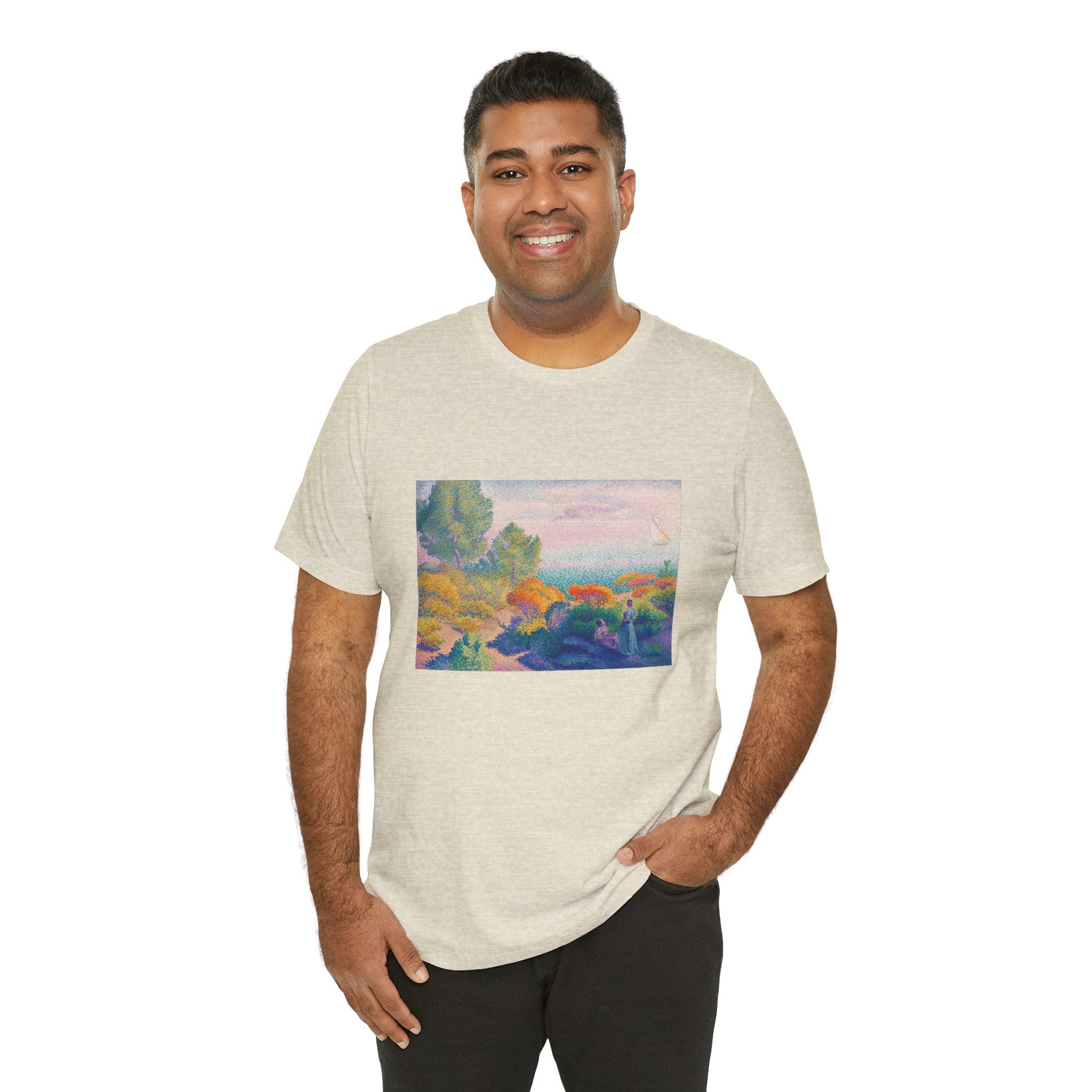 Masters of Art Henri - Edmond Cross Two Women by the Shore, Mediterranean Unisex Jersey Short Sleeve T-Shirt - POPvault