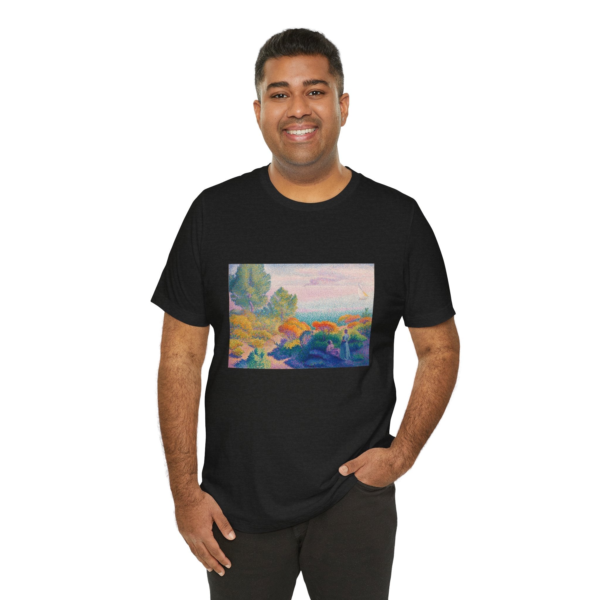Masters of Art Henri - Edmond Cross Two Women by the Shore, Mediterranean Unisex Jersey Short Sleeve T-Shirt - POPvault