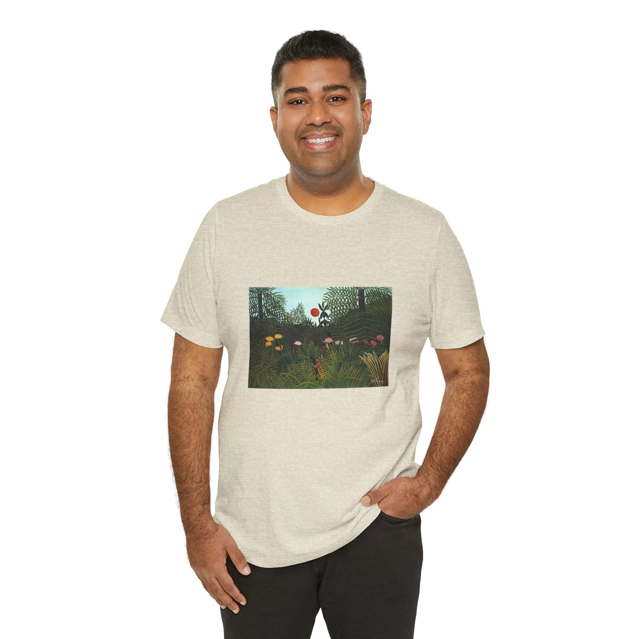 Masters of Art Henri Rousseau's Virgin Forest with Sunset Unisex Jersey Short Sleeve T-Shirt - POPvault