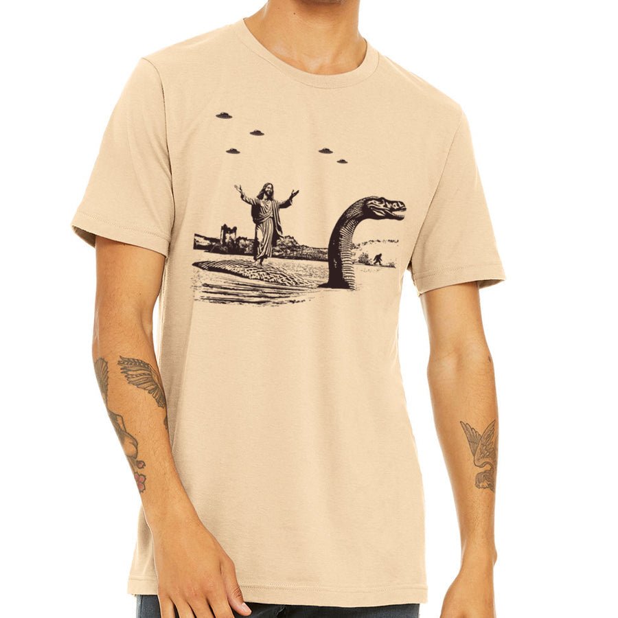 Men's Jesus Christ Riding The Loch Ness Monster T-Shirt - POPvault