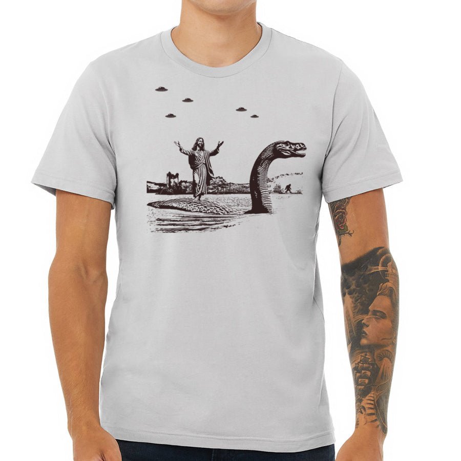 Men's Jesus Christ Riding The Loch Ness Monster T-Shirt - POPvault