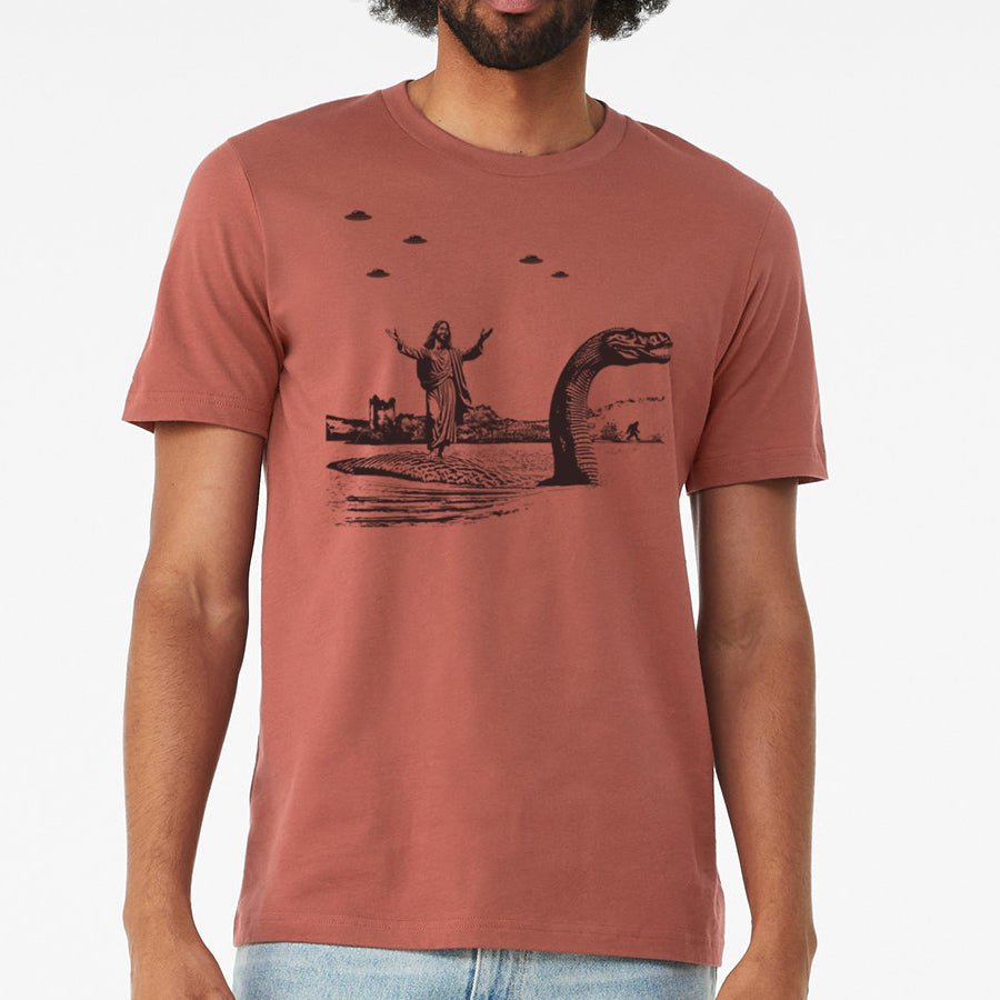 Men's Jesus Christ Riding The Loch Ness Monster T-Shirt - POPvault