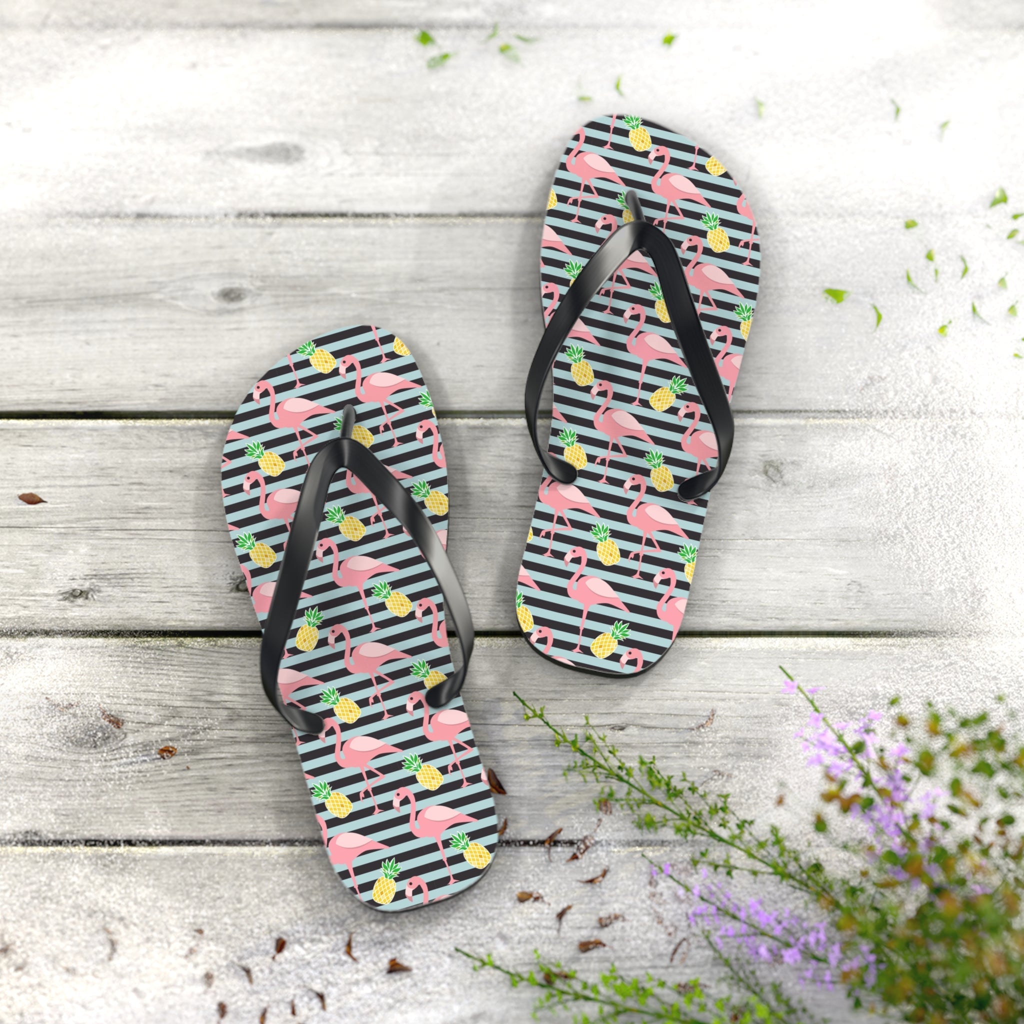 Mid - Century Retro Flamingos And Pineapples Flip - Flops - POPvault