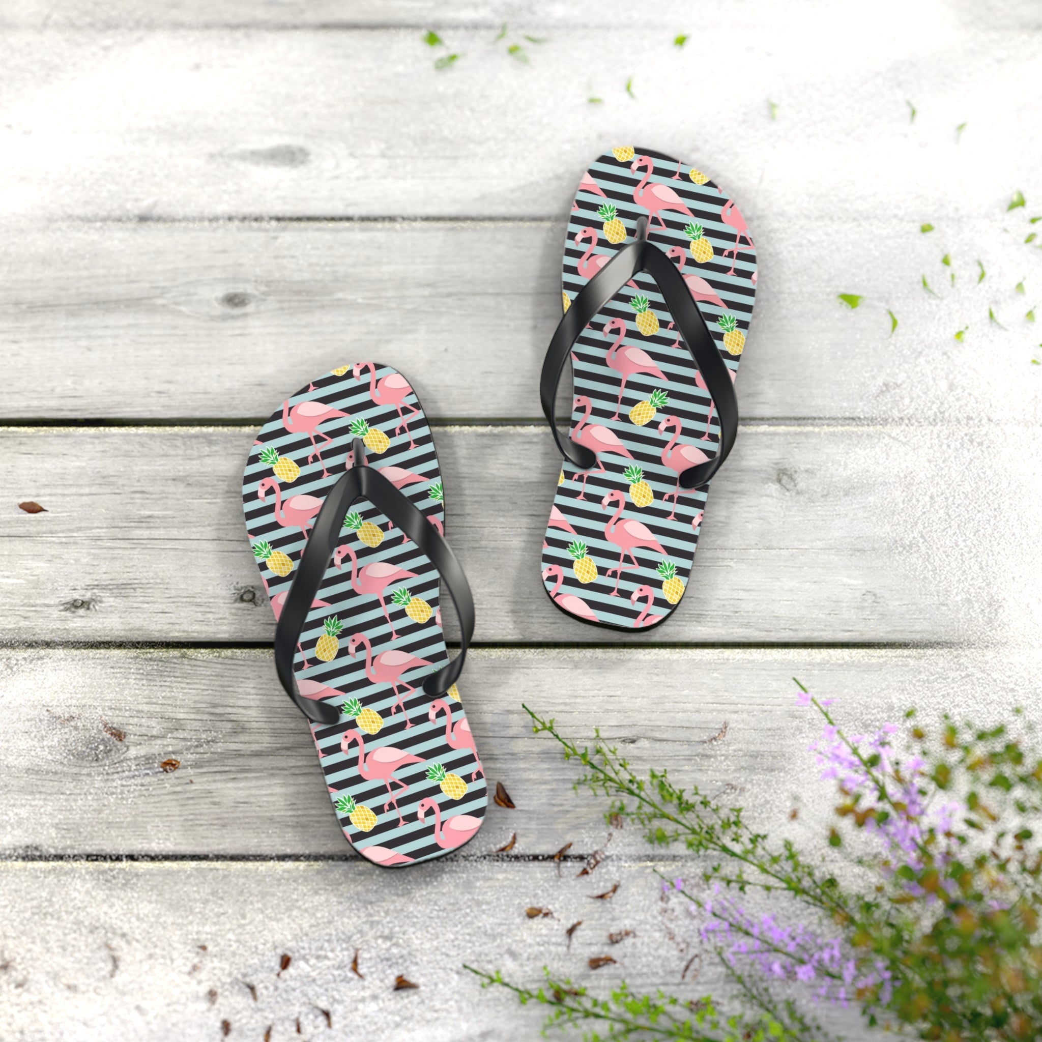 Mid - Century Retro Flamingos And Pineapples Flip - Flops - POPvault