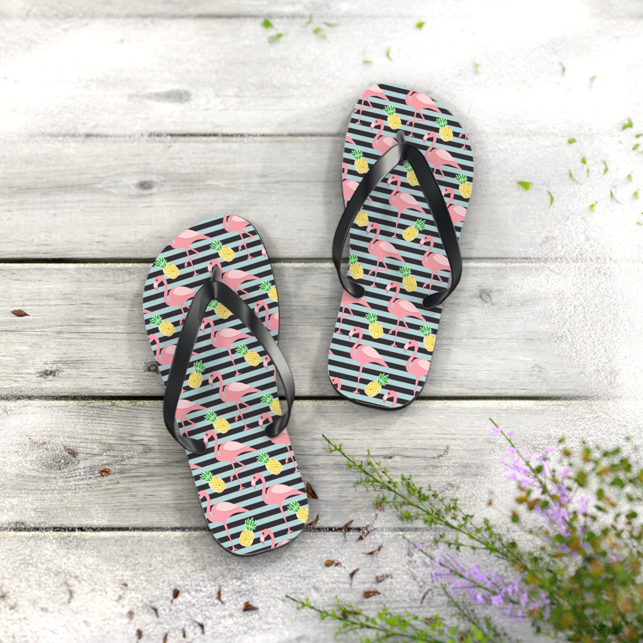 Mid - Century Retro Flamingos And Pineapples Flip - Flops - POPvault