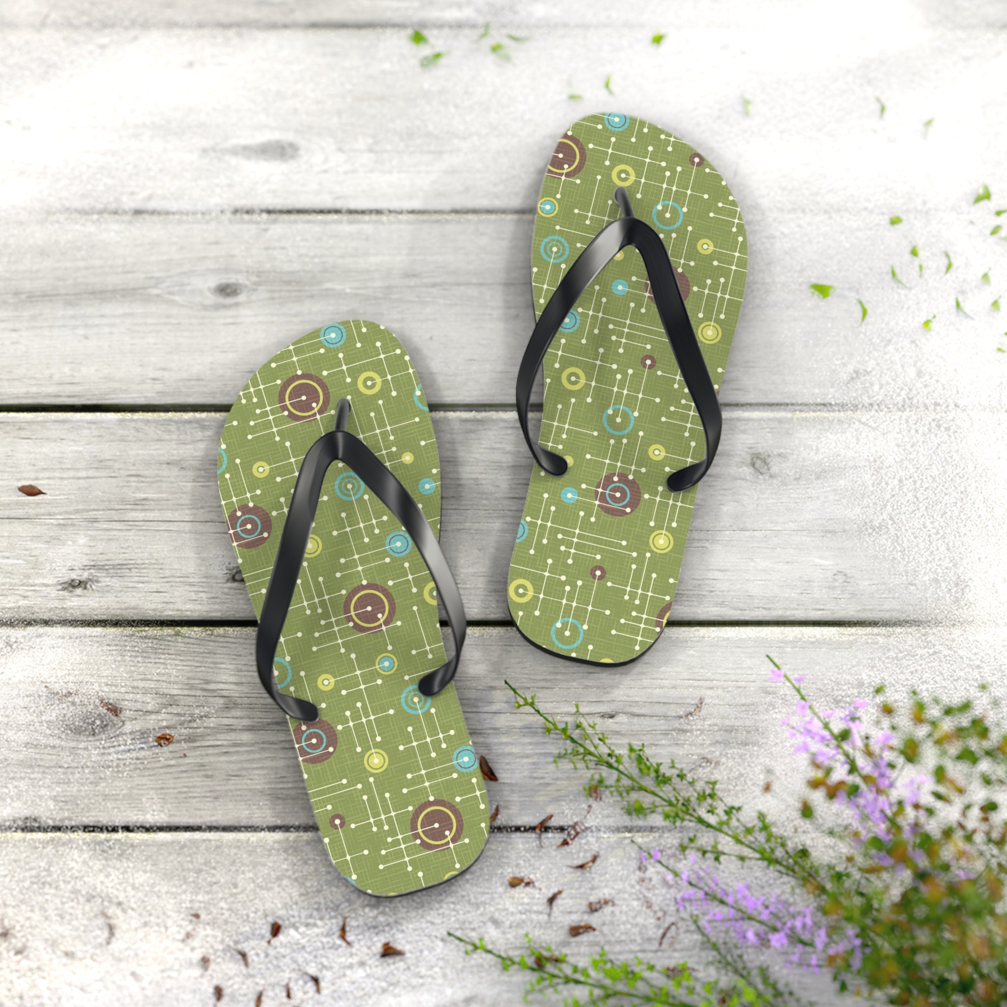 Mid - Century Retro Green Geometrics Flip - Flops - POPvault