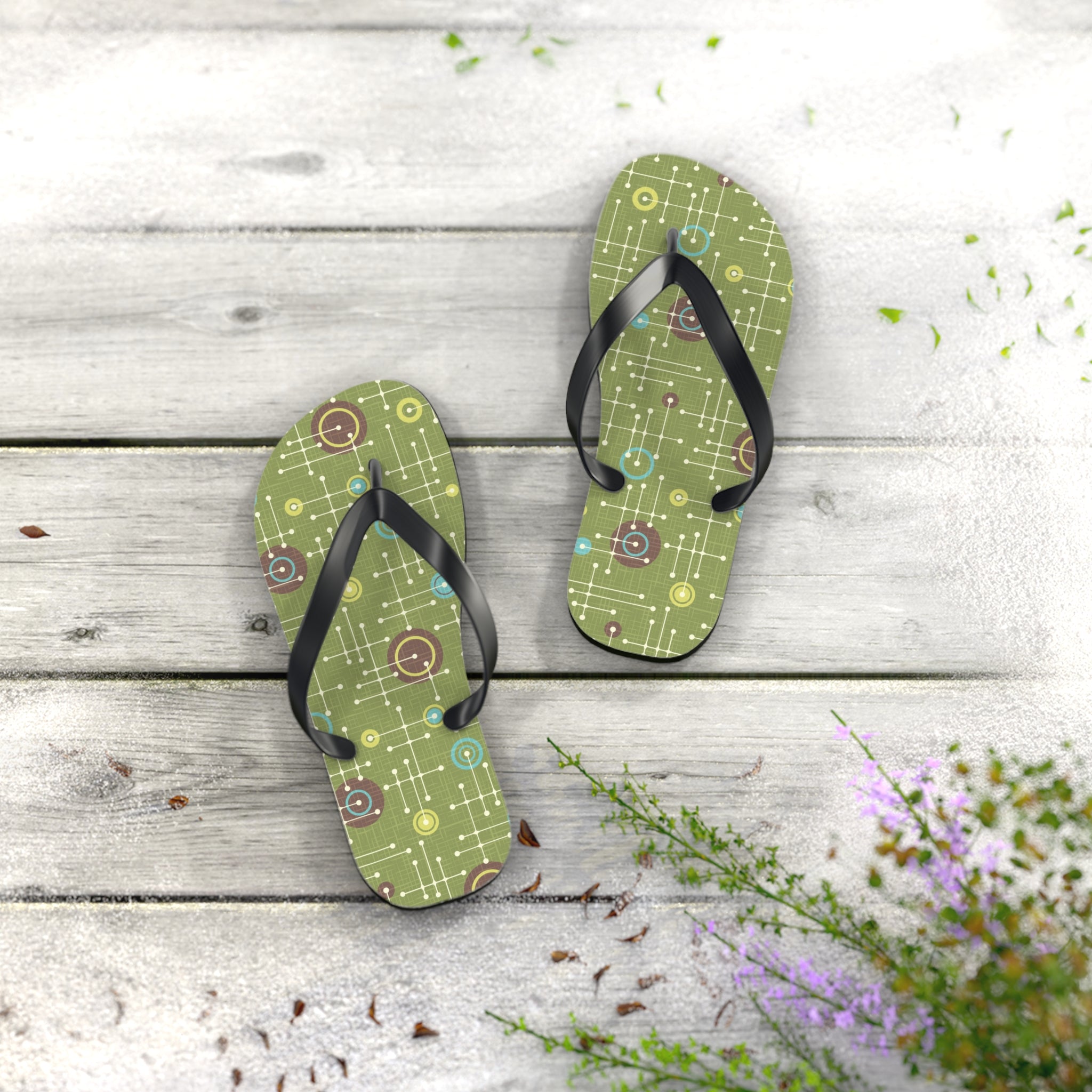 Mid - Century Retro Green Geometrics Flip - Flops - POPvault