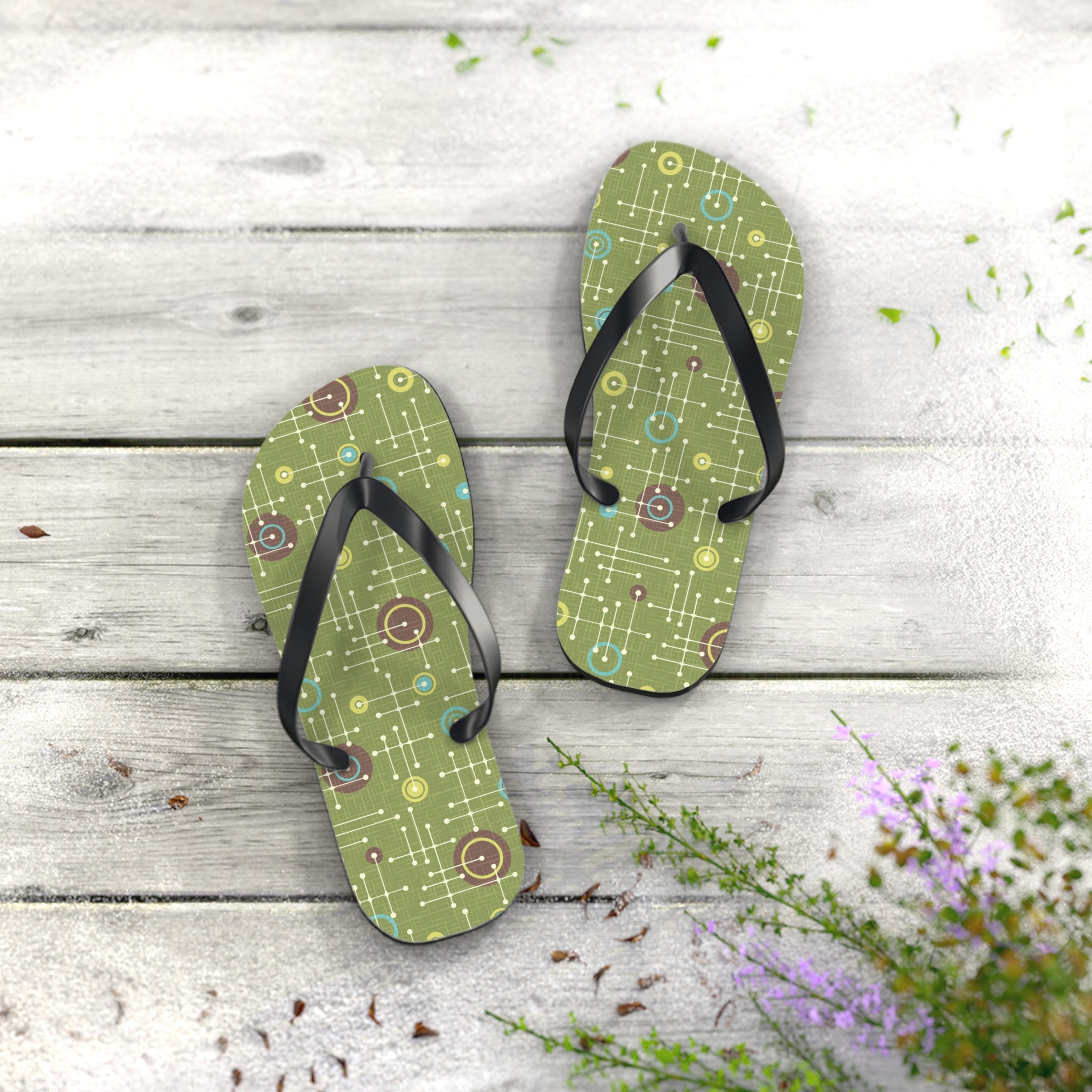 Mid - Century Retro Green Geometrics Flip - Flops - POPvault