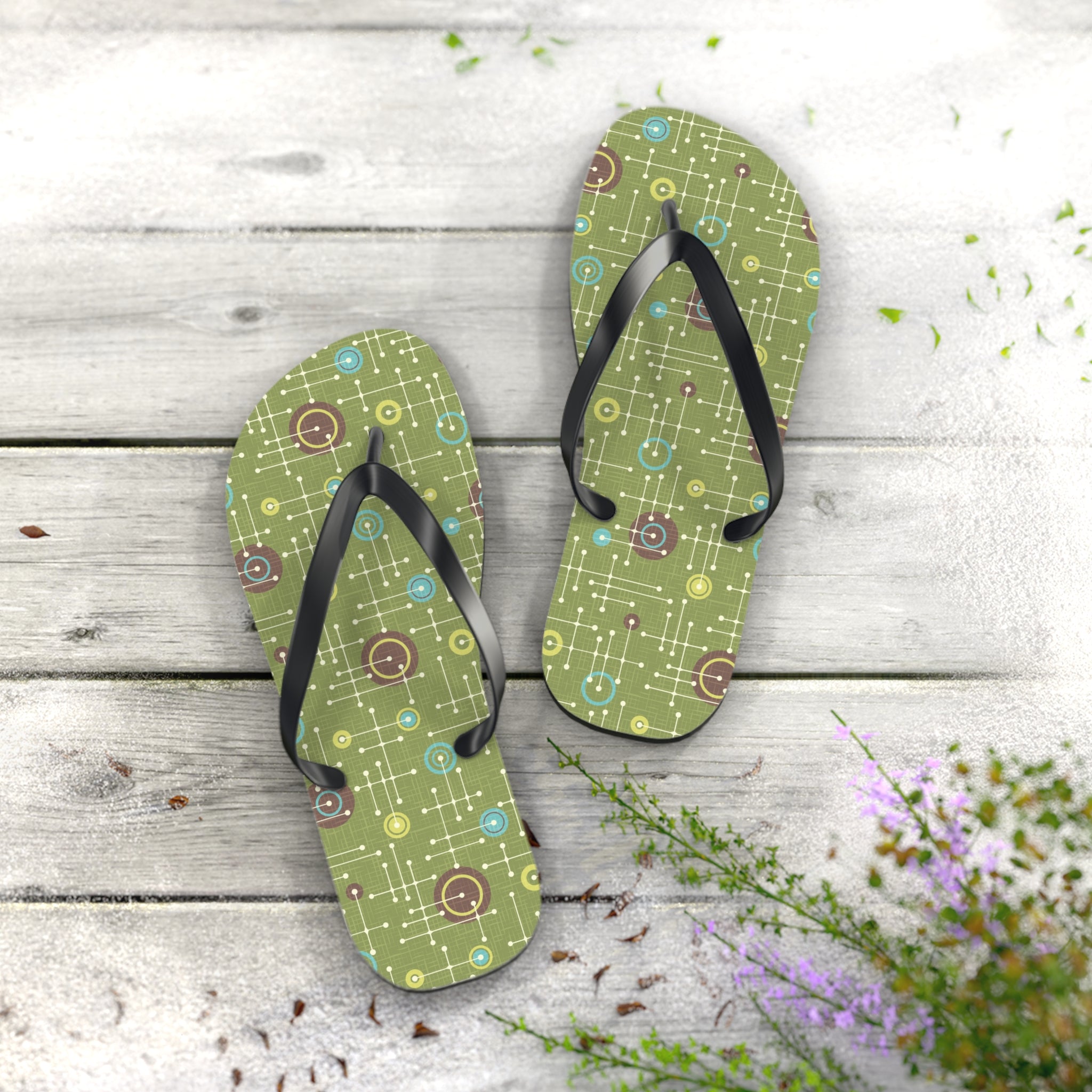 Mid - Century Retro Green Geometrics Flip - Flops - POPvault