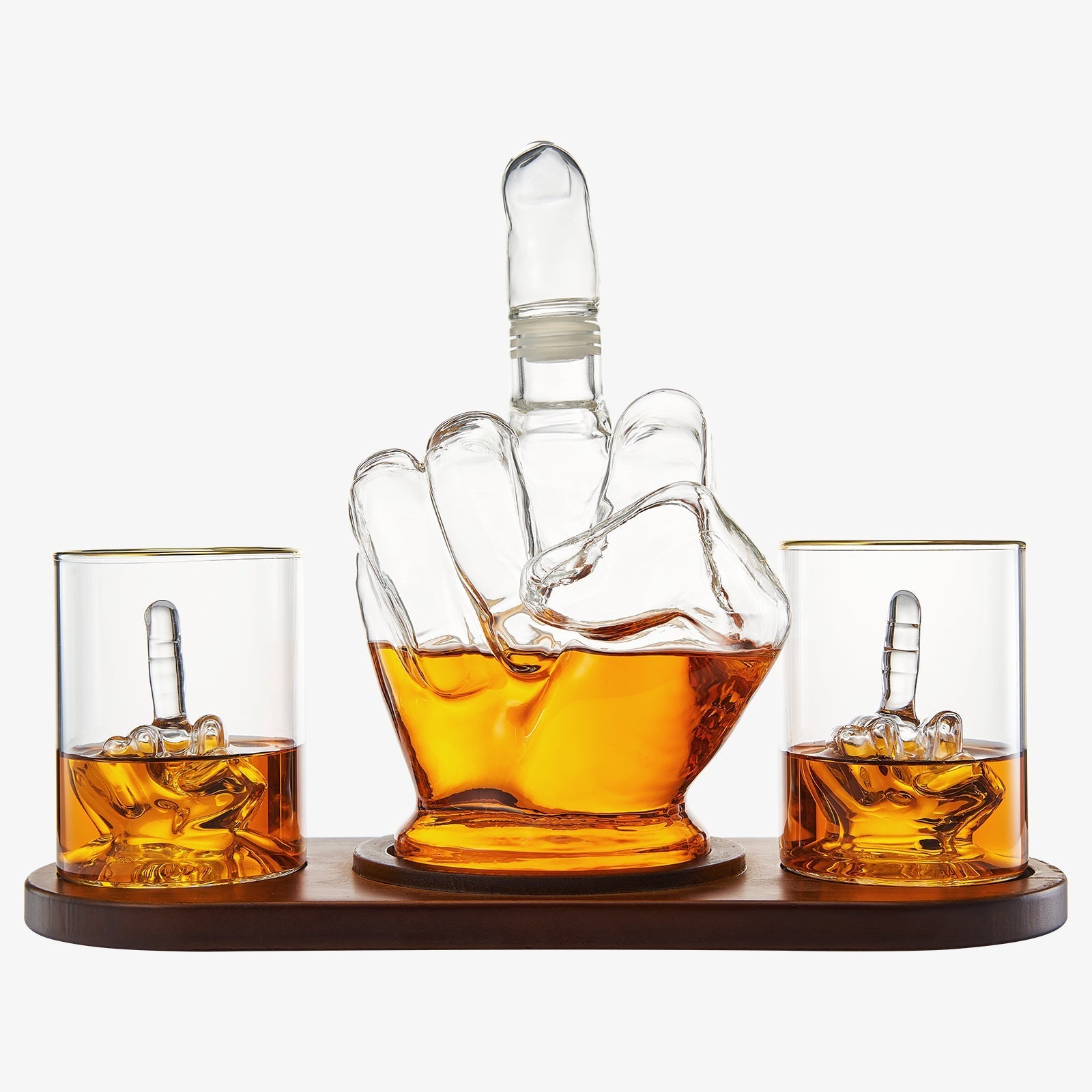 Middle Finger Whiskey Decanter Set With Mahogany Base And 2 Glasses - POPvault