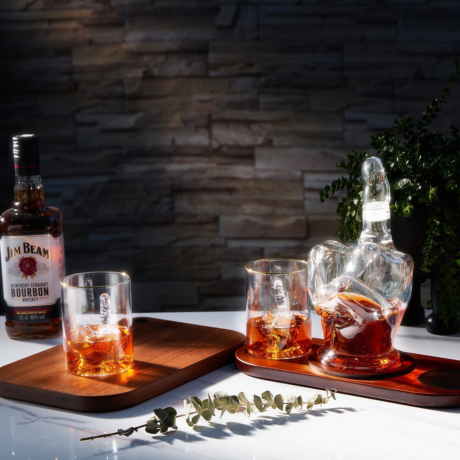 Middle Finger Whiskey Decanter Set With Mahogany Base And 2 Glasses - POPvault