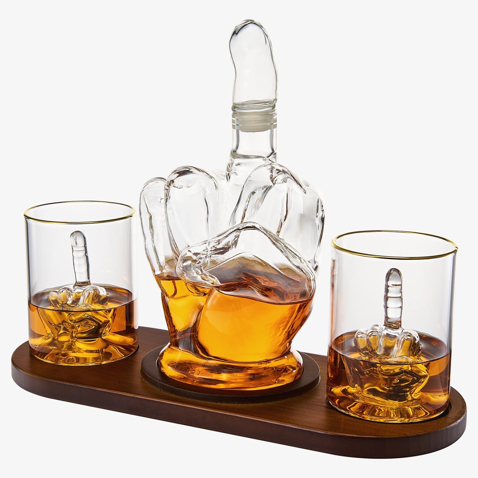 Middle Finger Whiskey Decanter Set With Mahogany Base And 2 Glasses - POPvault