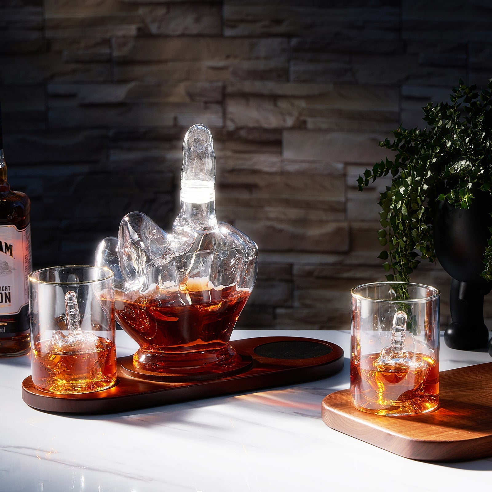Middle Finger Whiskey Decanter Set With Mahogany Base And 2 Glasses - POPvault