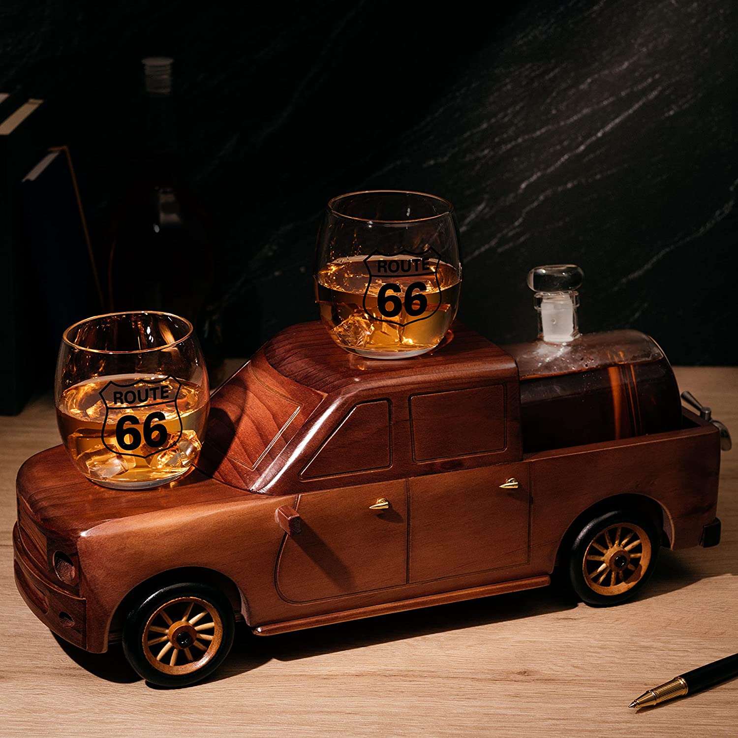 Pickup Truck 500 ml Whiskey Decanter With Two 12 Oz. Route 66 Glasses - POPvault