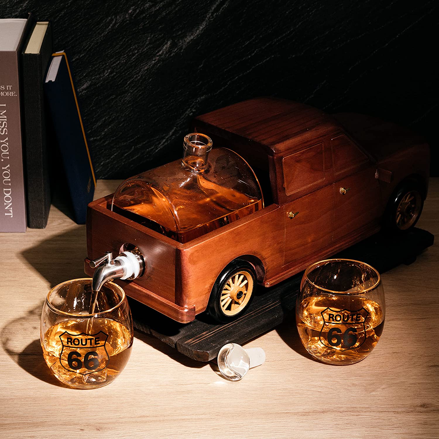Pickup Truck 500 ml Whiskey Decanter With Two 12 Oz. Route 66 Glasses - POPvault