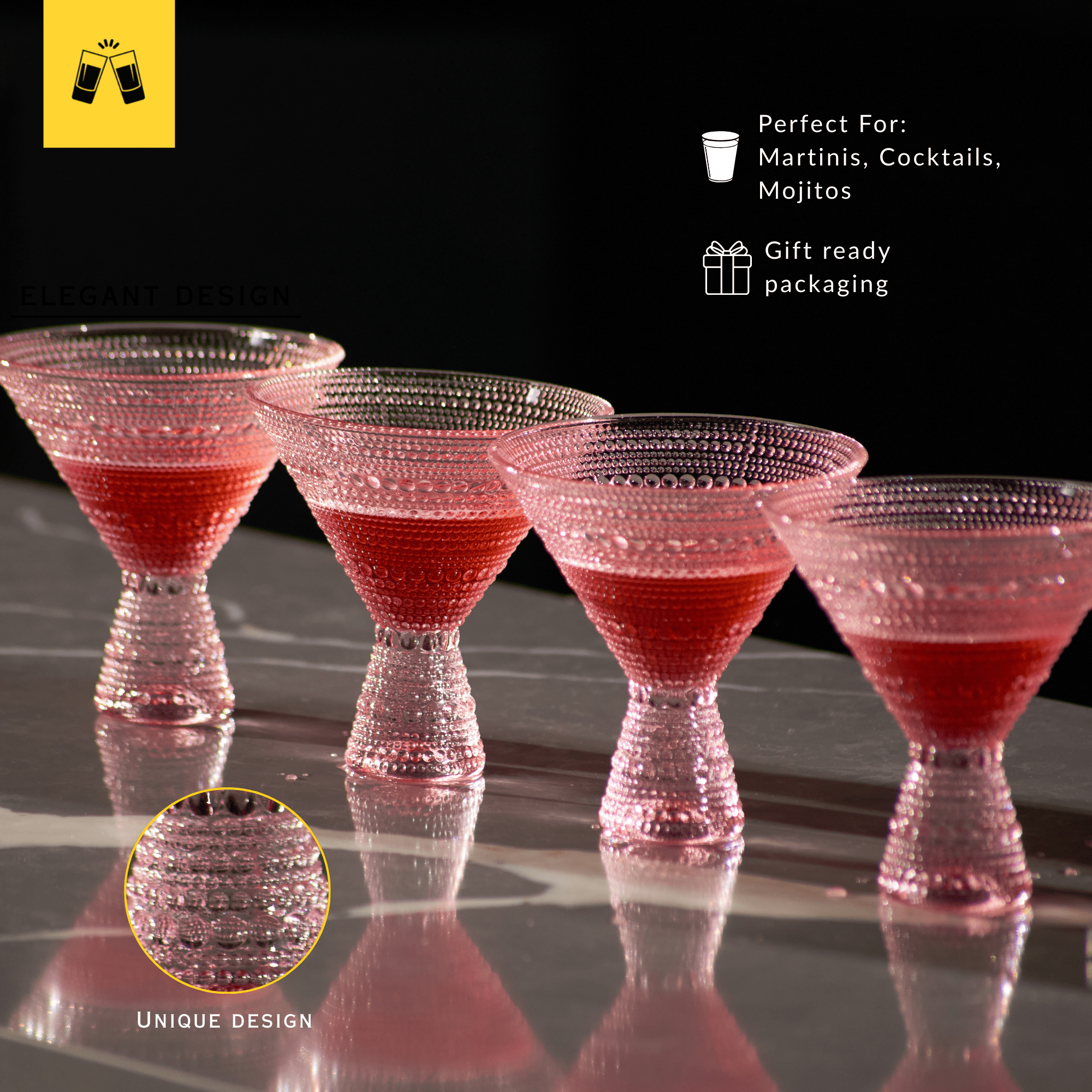 Pink Hobnail Martini Glasses - Embossed Martini Glasses - 9oz - POPvault