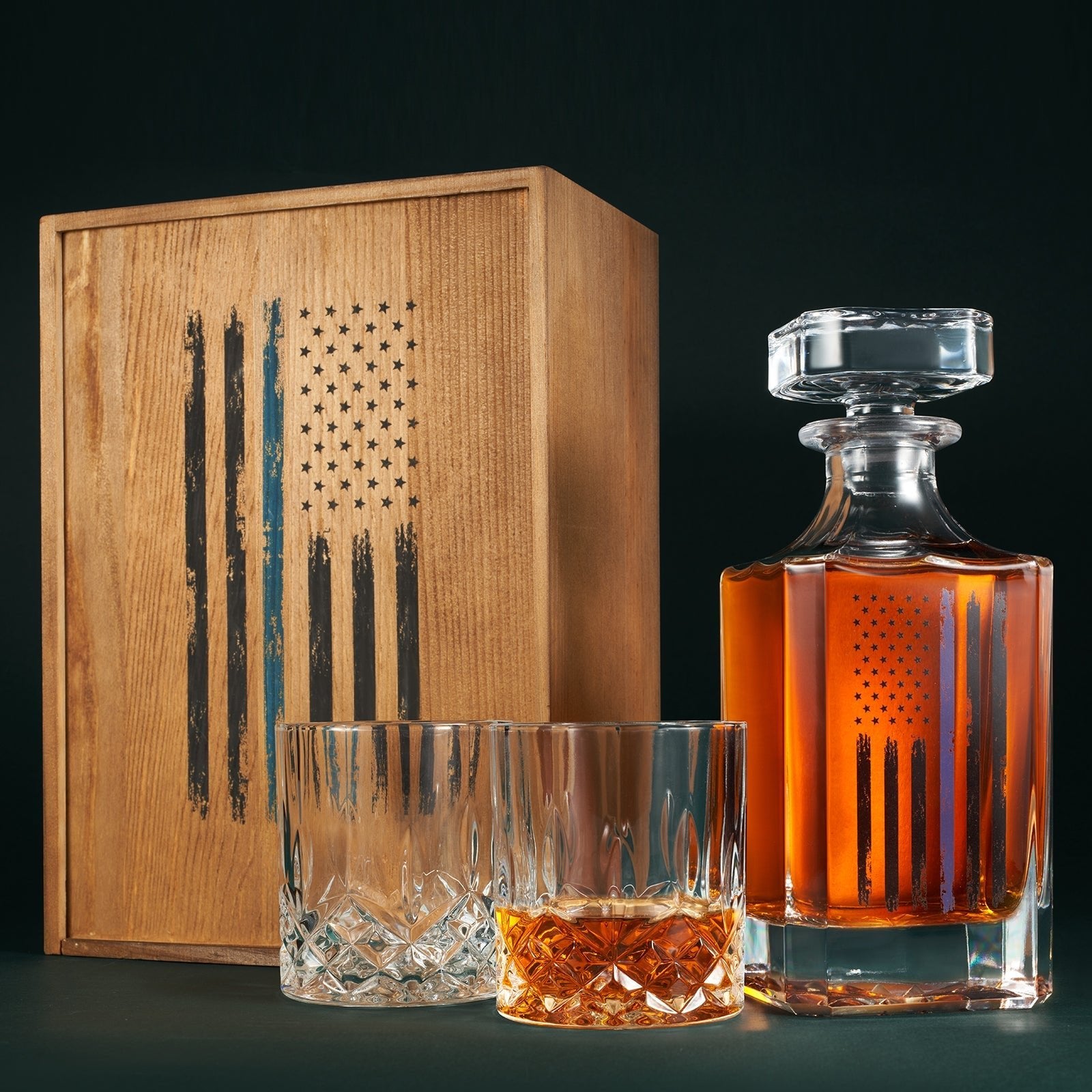 Police Tactical Blue Tattered American Flag 730 ml Whiskey Decanter Gift Set Plus 2 Whiskey Glasses - POPvault