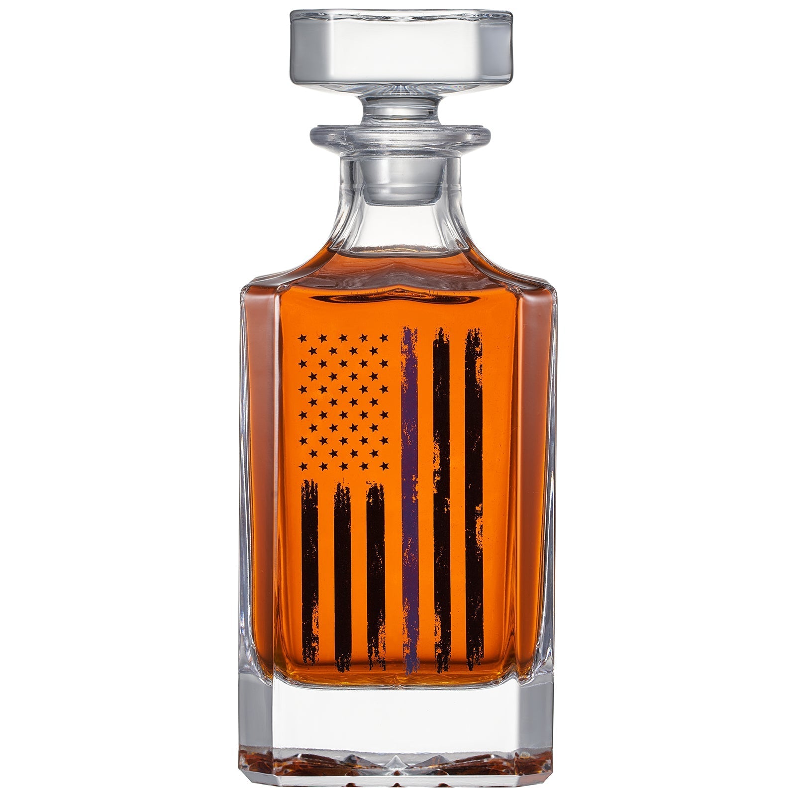 Police Tactical Blue Tattered American Flag 730 ml Whiskey Decanter Gift Set Plus 2 Whiskey Glasses - POPvault