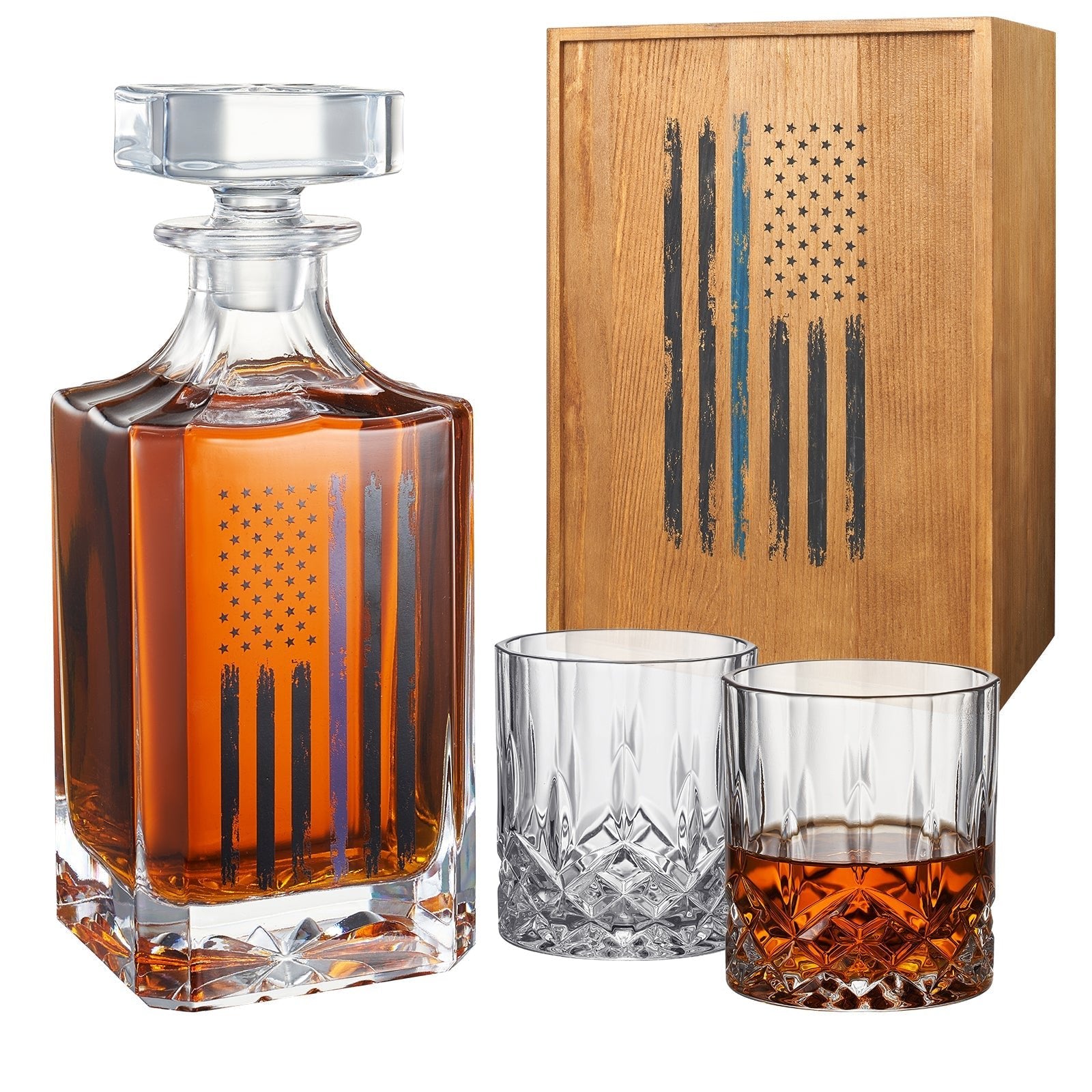 Police Tactical Blue Tattered American Flag 730 ml Whiskey Decanter Gift Set Plus 2 Whiskey Glasses - POPvault