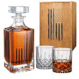 Police Tactical Blue Tattered American Flag 730 ml Whiskey Decanter Gift Set Plus 2 Whiskey Glasses - POPvault