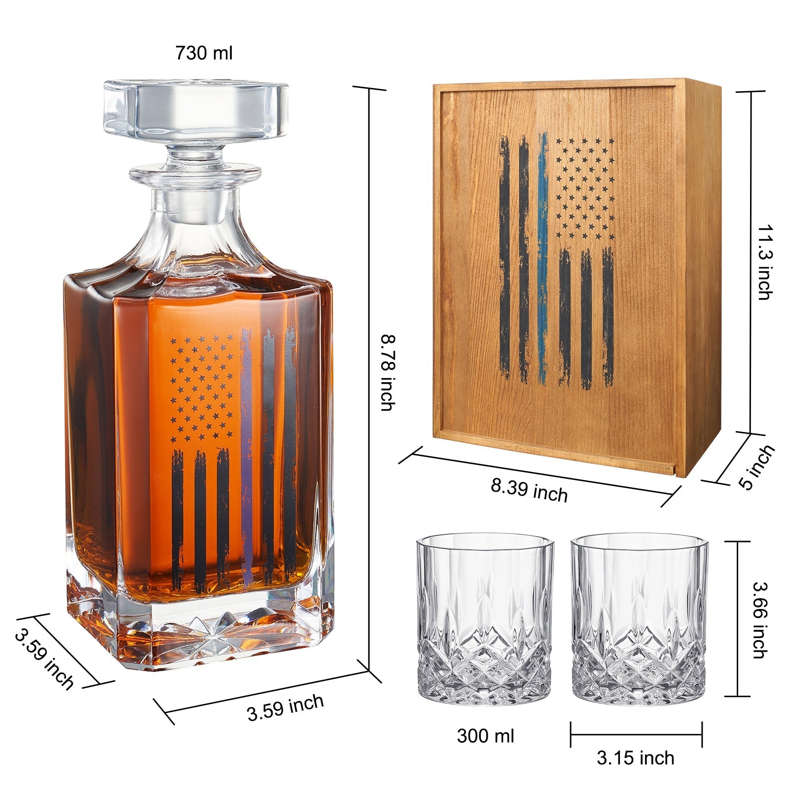 Police Tactical Blue Tattered American Flag 730 ml Whiskey Decanter Gift Set Plus 2 Whiskey Glasses - POPvault