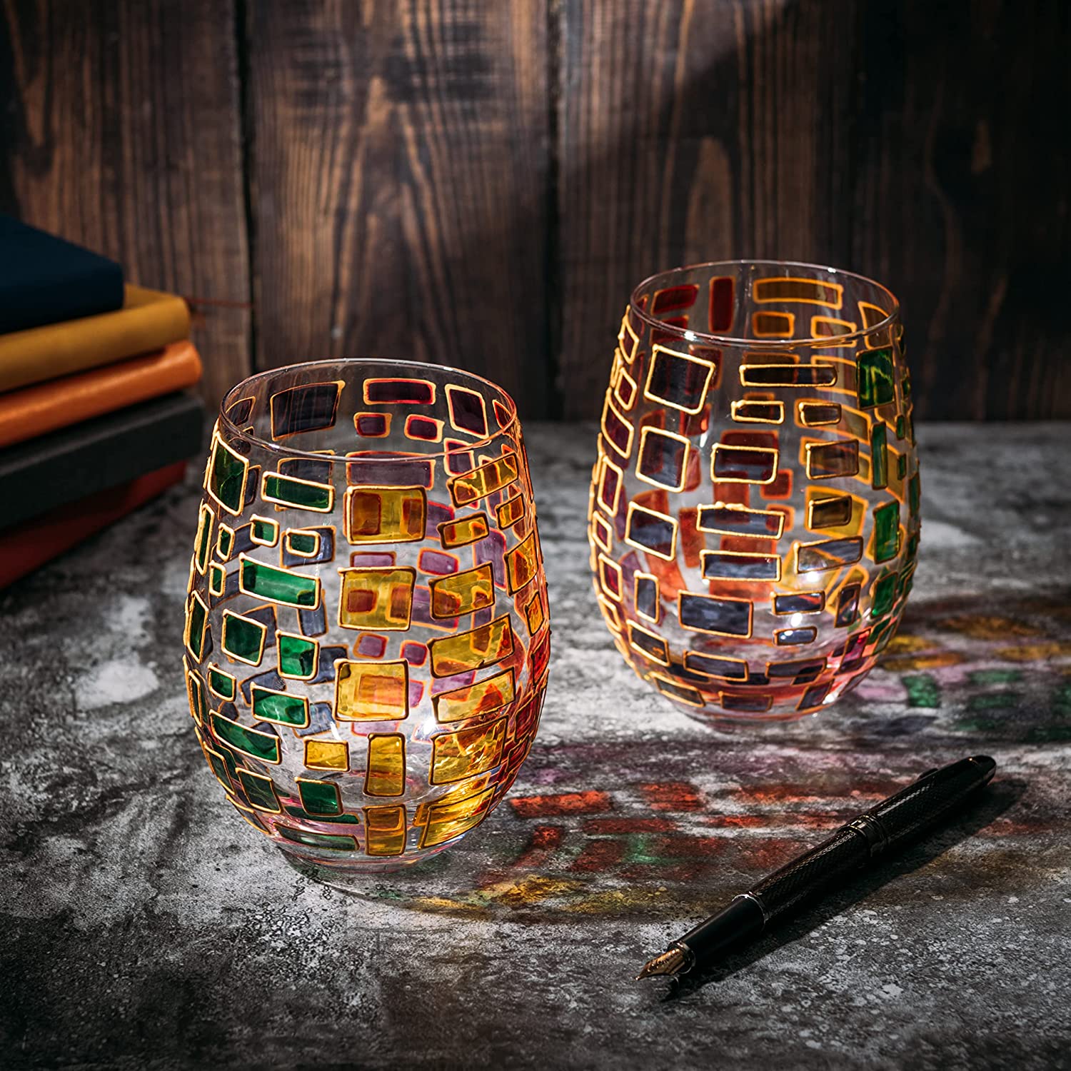Renaissance Stained Glass Window Hand Painted Stemless Wine Glasses - POPvault