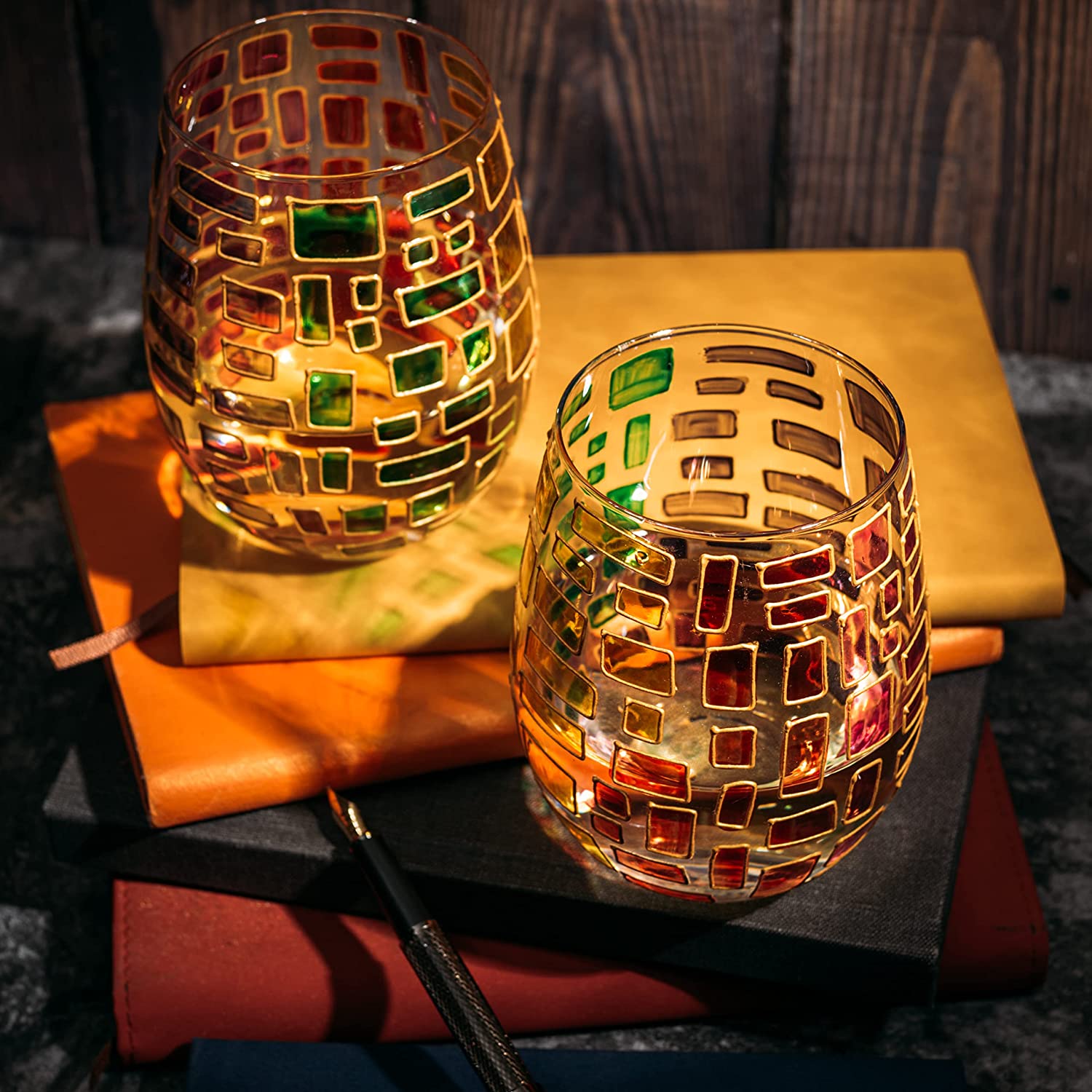 Renaissance Stained Glass Window Hand Painted Stemless Wine Glasses - POPvault