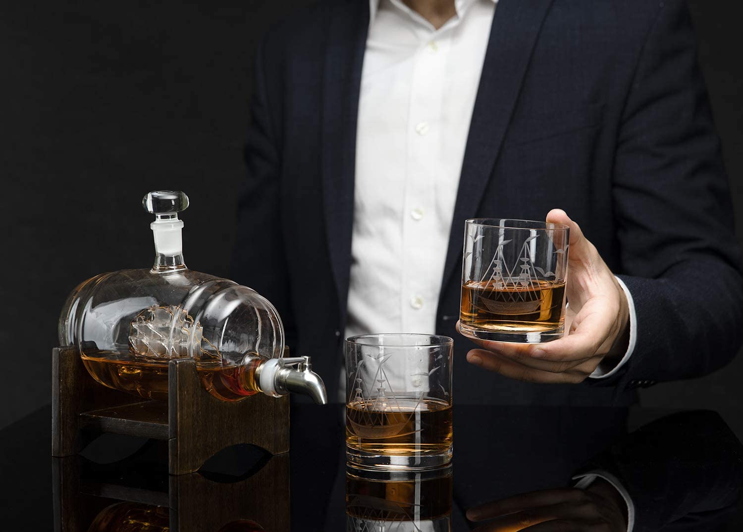 Ship in a Barrel Whiskey Decanter With Two 10 Oz. Glasses - POPvault