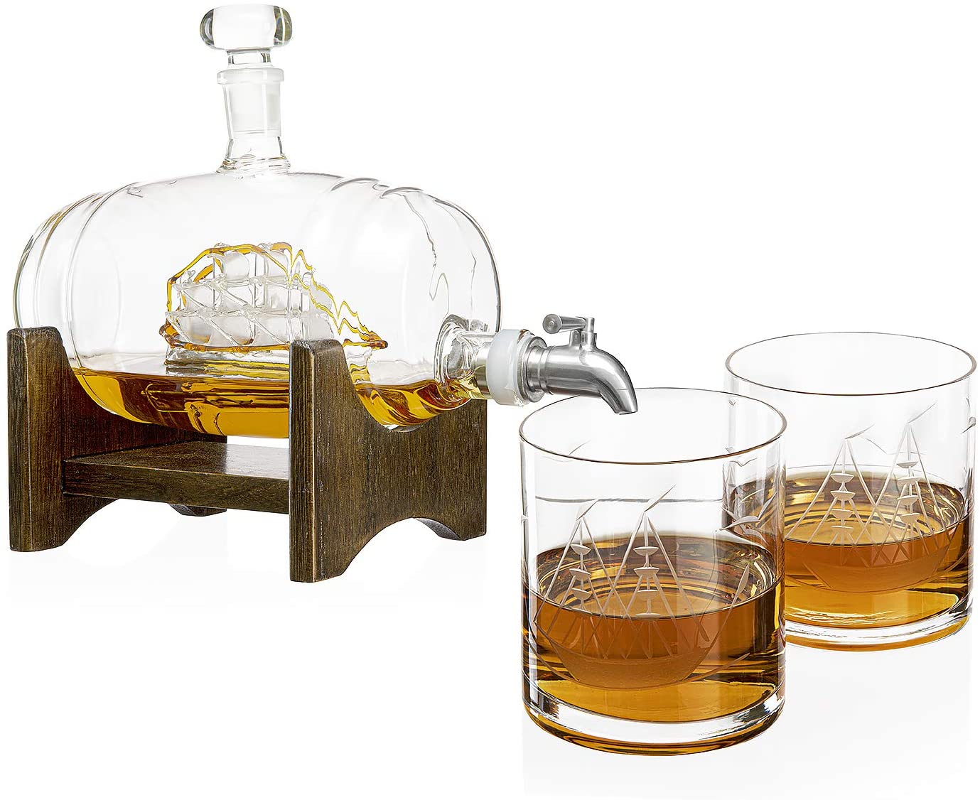 Ship in a Barrel Whiskey Decanter With Two 10 Oz. Glasses - POPvault