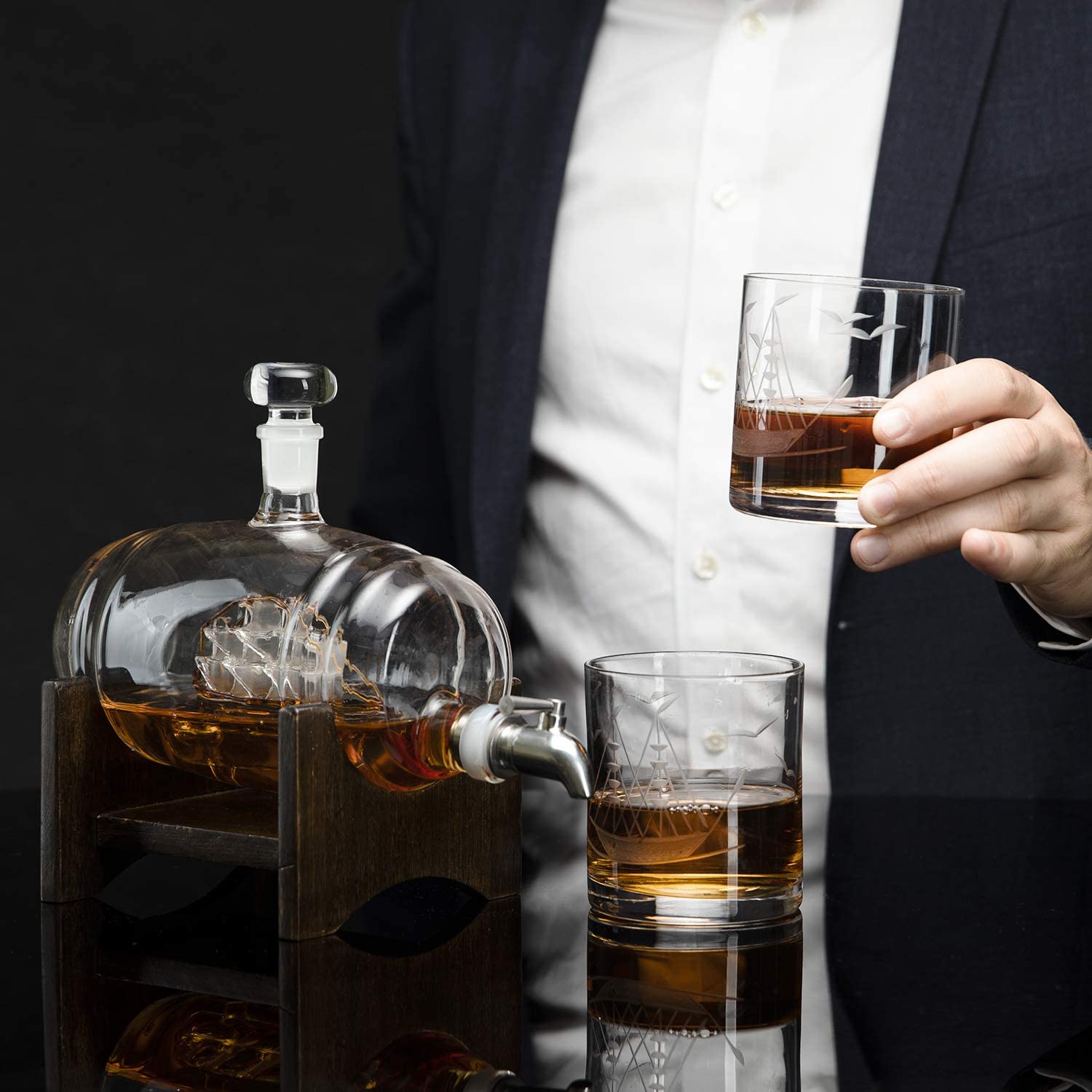 Ship in a Barrel Whiskey Decanter With Two 10 Oz. Glasses - POPvault