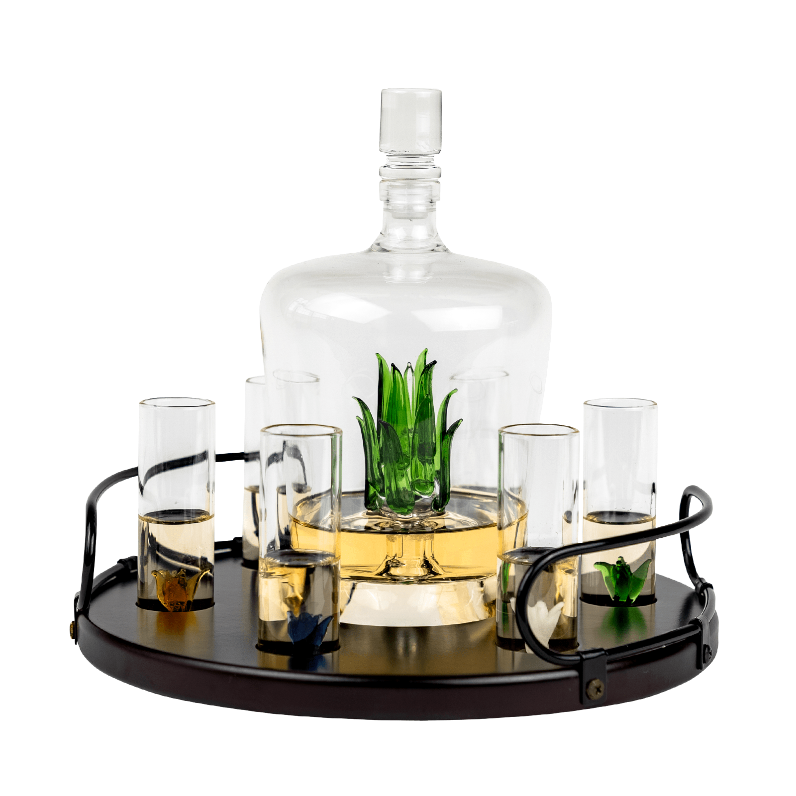 Tequila 750 ml Decanter Set With Agave Plant Decor And 6 Agave 3 Oz. Shot Glasses In A Stand - POPvault