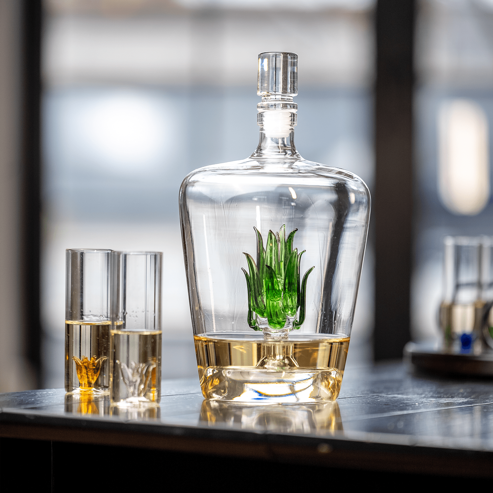 Tequila 750 ml Decanter Set With Agave Plant Decor And 6 Agave 3 Oz. Shot Glasses In A Stand - POPvault