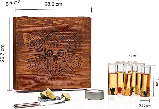 Tequila Shot Glass Gift Box Includes 6 Agave Shot Glasses, Knife, Skull Coaster, and Salt Tin - POPvault