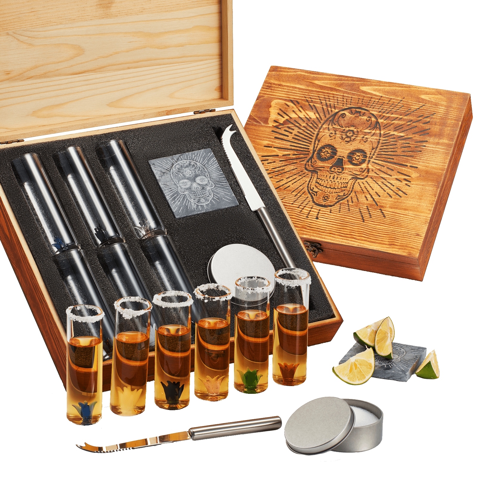 Tequila Shot Glass Gift Box Includes 6 Agave Shot Glasses, Knife, Skull Coaster, and Salt Tin - POPvault