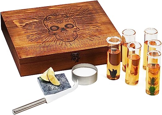 Tequila Shot Glass Gift Box Includes 6 Agave Shot Glasses, Knife, Skull Coaster, and Salt Tin - POPvault
