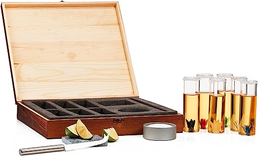 Tequila Shot Glass Gift Box Includes 6 Agave Shot Glasses, Knife, Skull Coaster, and Salt Tin - POPvault