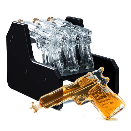 Three Pistol & Wooden Stand 7.7 Oz. Whiskey Decanter Set - POPvault