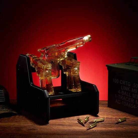 Three Pistol & Wooden Stand 7.7 Oz. Whiskey Decanter Set - POPvault