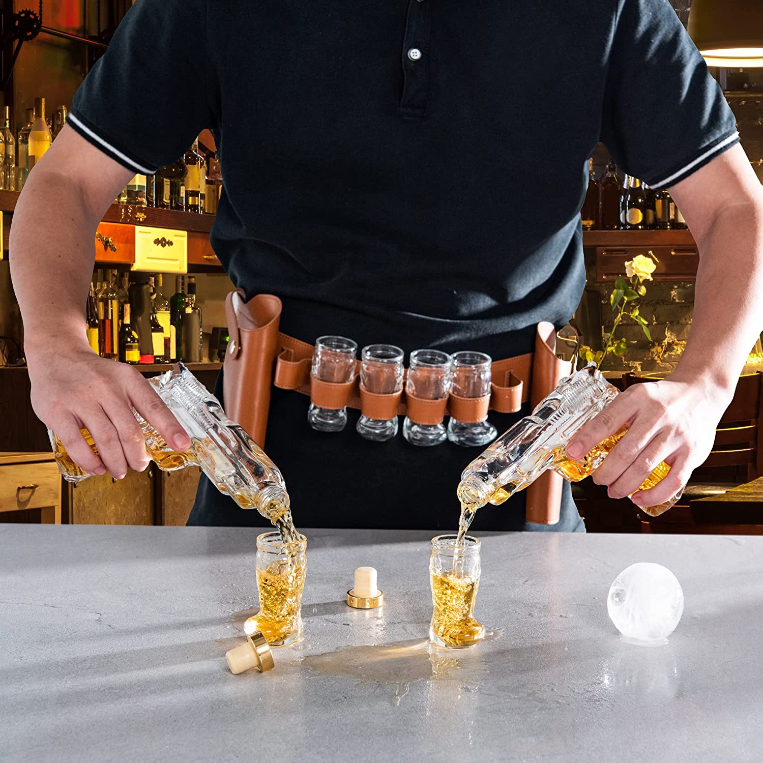 Two Pistols Decanter Holster Set With 6 Shot Glasses, Pourers, & Stoppers - POPvault
