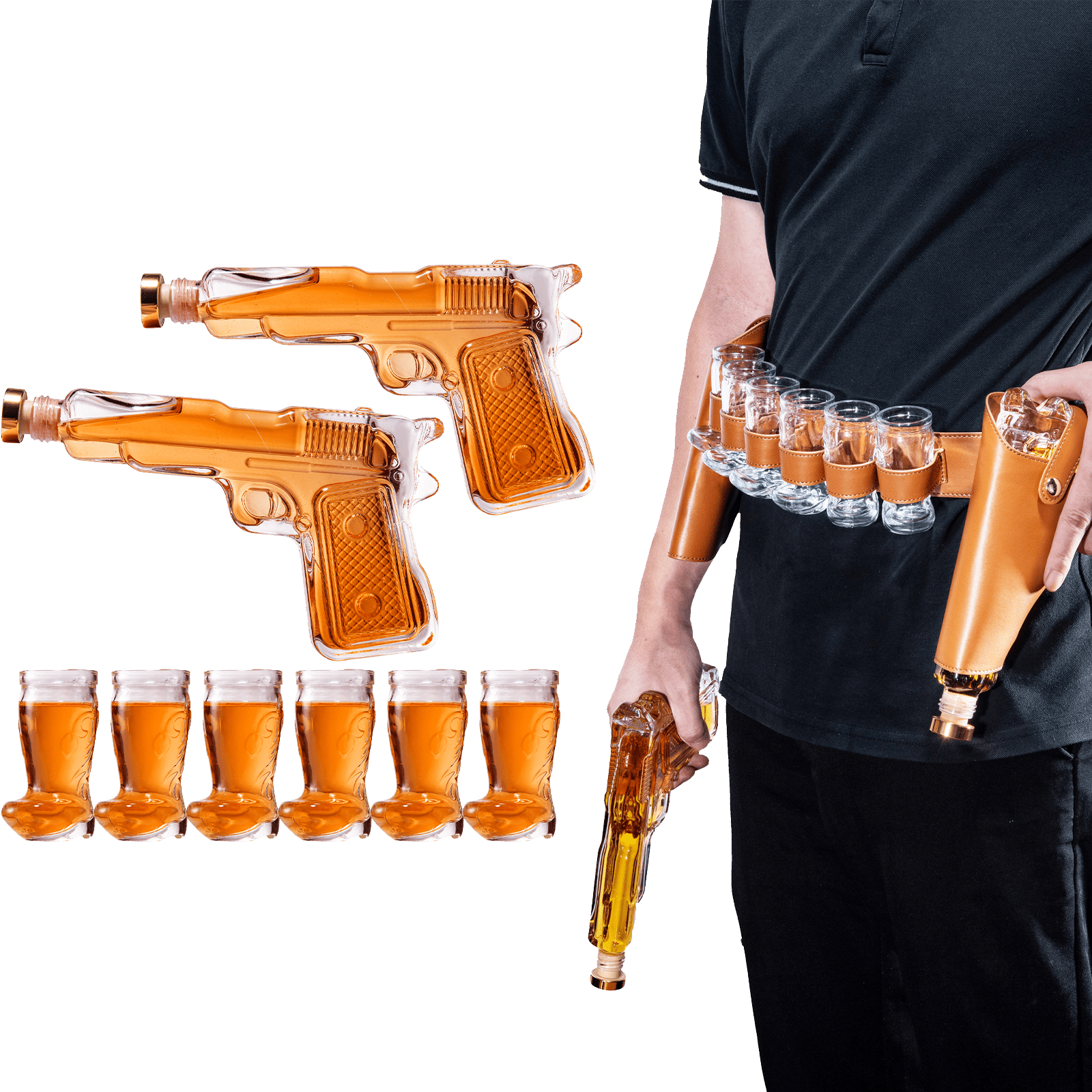 Two Pistols Decanter Holster Set With 6 Shot Glasses, Pourers, & Stoppers - POPvault
