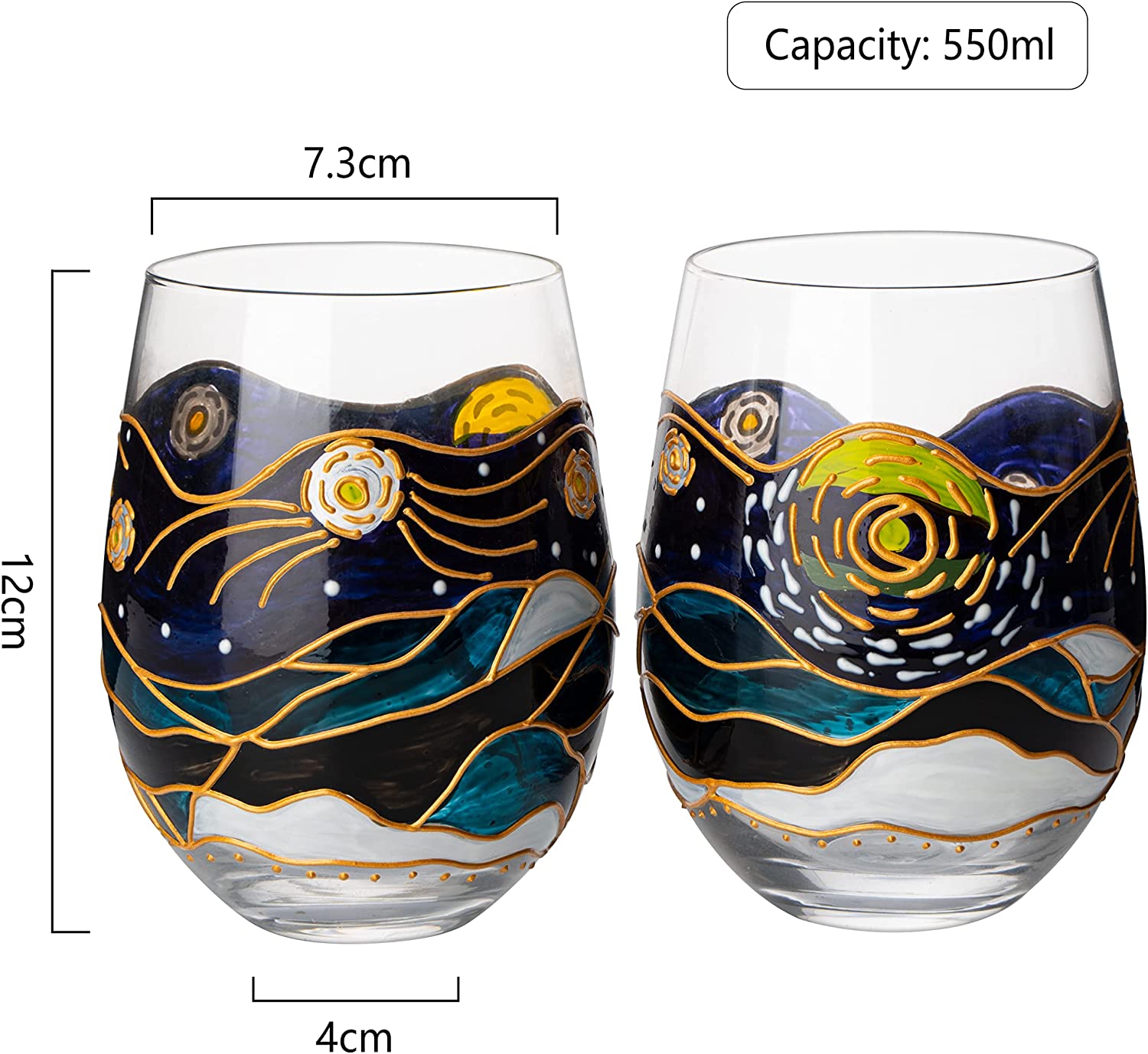 Vincent Van Gogh Stemless Hand Painted 18.5 Oz. Wine Glasses (Set Of 2) - POPvault