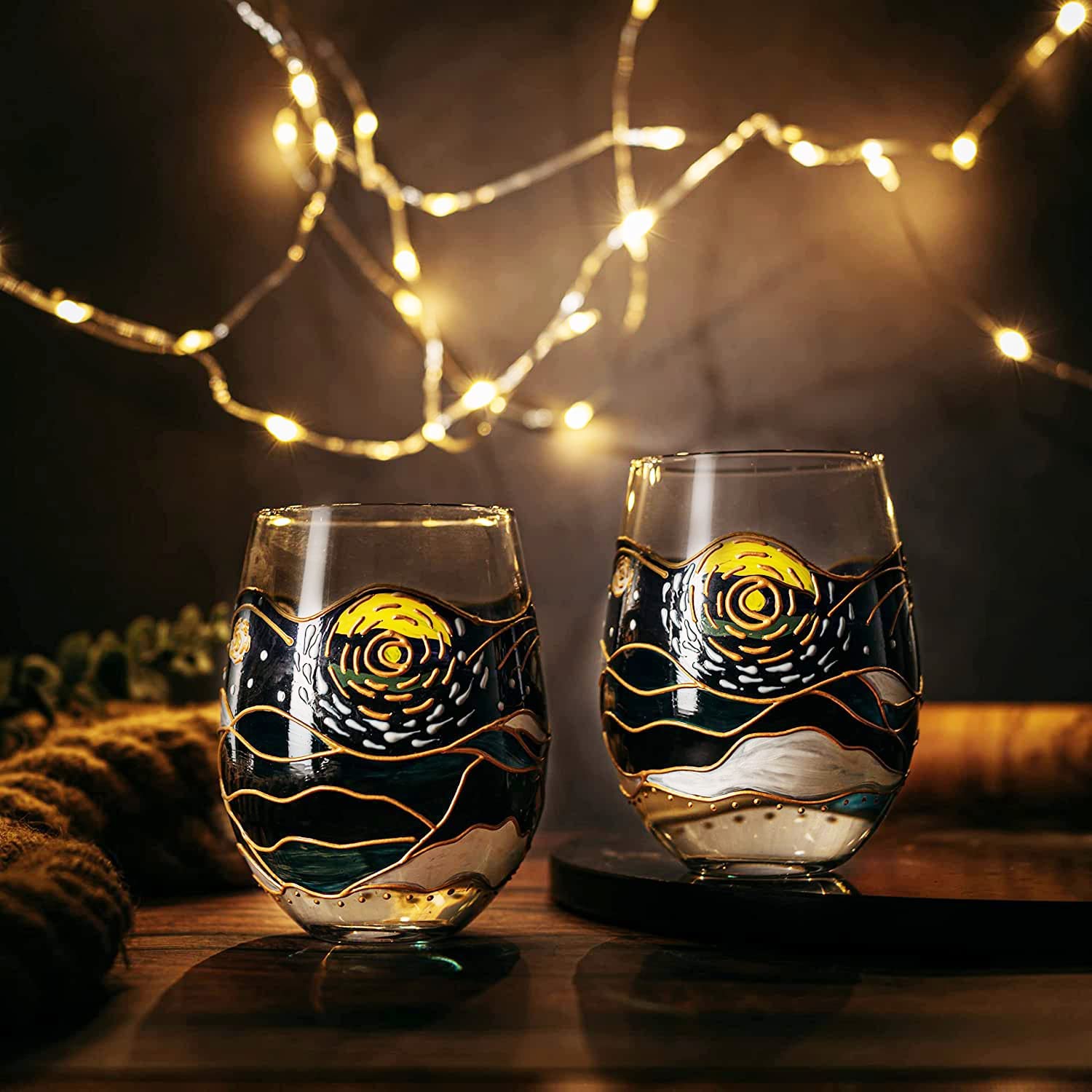 Vincent Van Gogh Stemless Hand Painted 18.5 Oz. Wine Glasses (Set Of 2) - POPvault