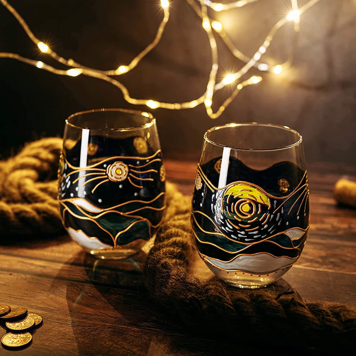 Vincent Van Gogh Stemless Hand Painted 18.5 Oz. Wine Glasses (Set Of 2) - POPvault