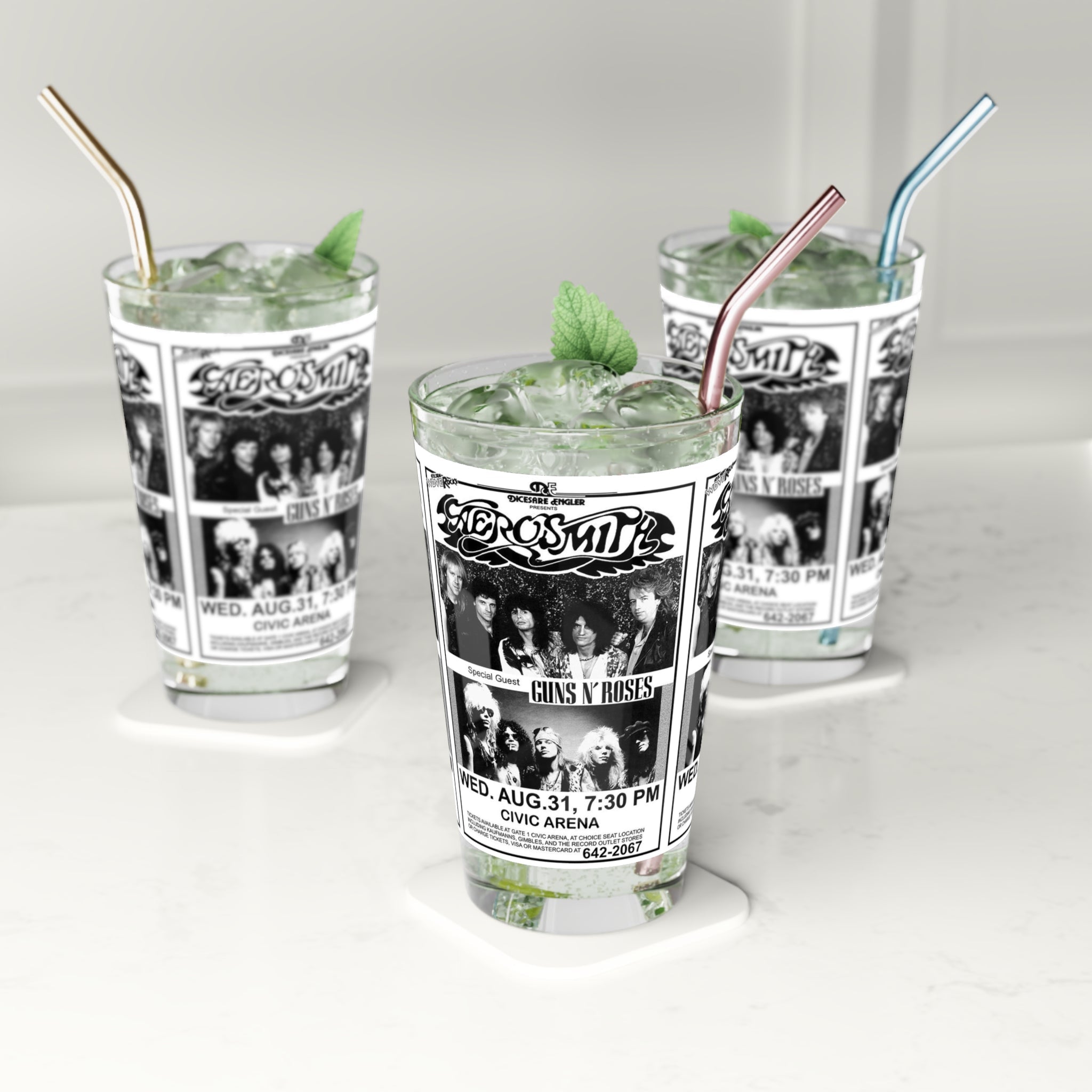 Vintage Concert Poster 16 Oz. Pint Glass — Featuring Aerosmith, Guns & Roses At The Pittsburgh Civic Arena - POPvault